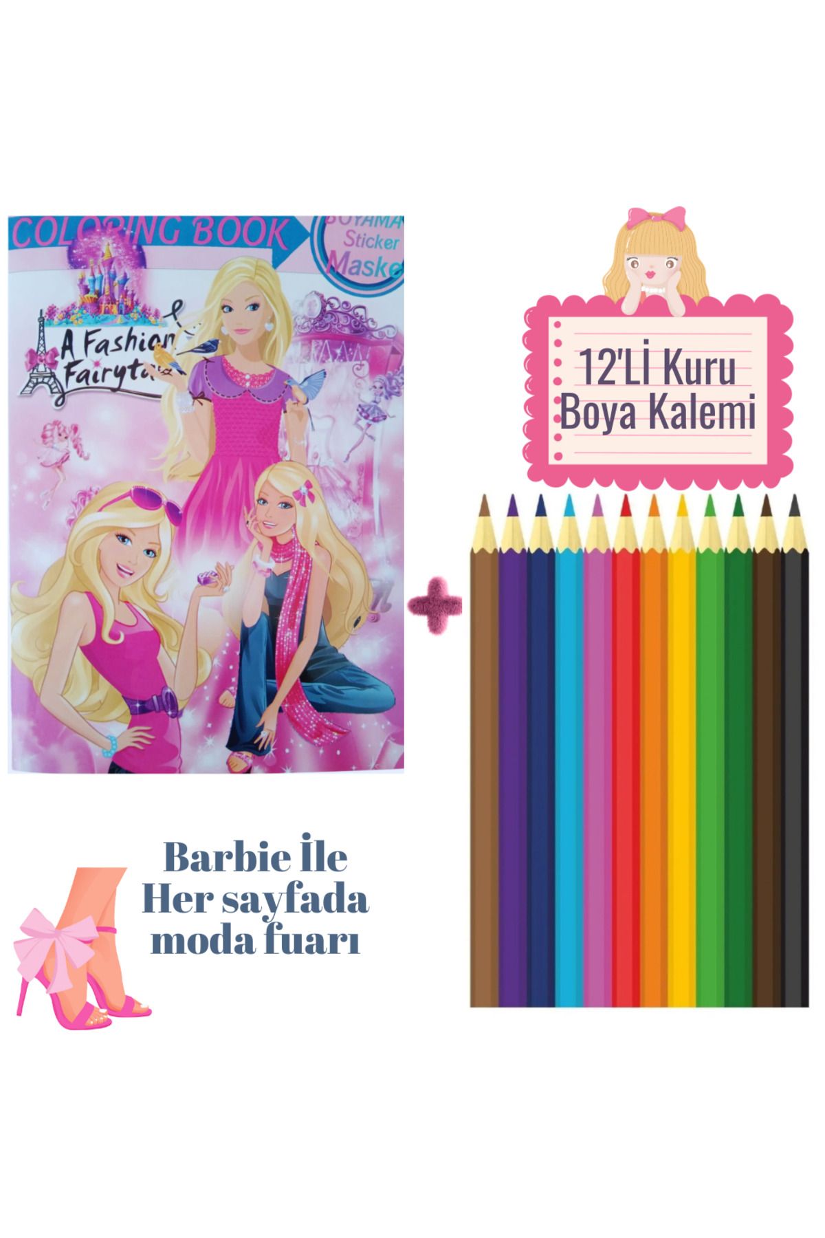 booddie Barbie Boyama Kitabı Stickerlı (arka Kapak Kesilerek Maskeli ) & 12'li Kuru Boya Kalemi