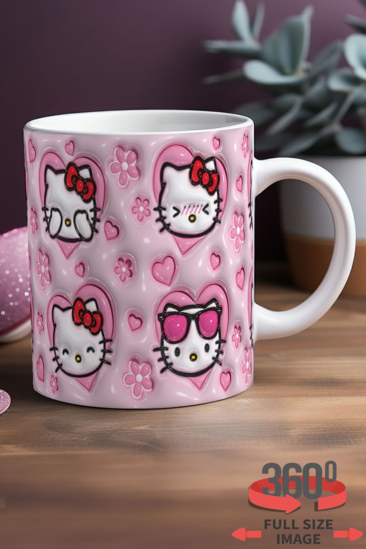 dijital moda tasarım 3D Kabartma Desen Efektli "Hello Kitty" Kişiye Özel Porselen Hediyelik Kupa Bardak