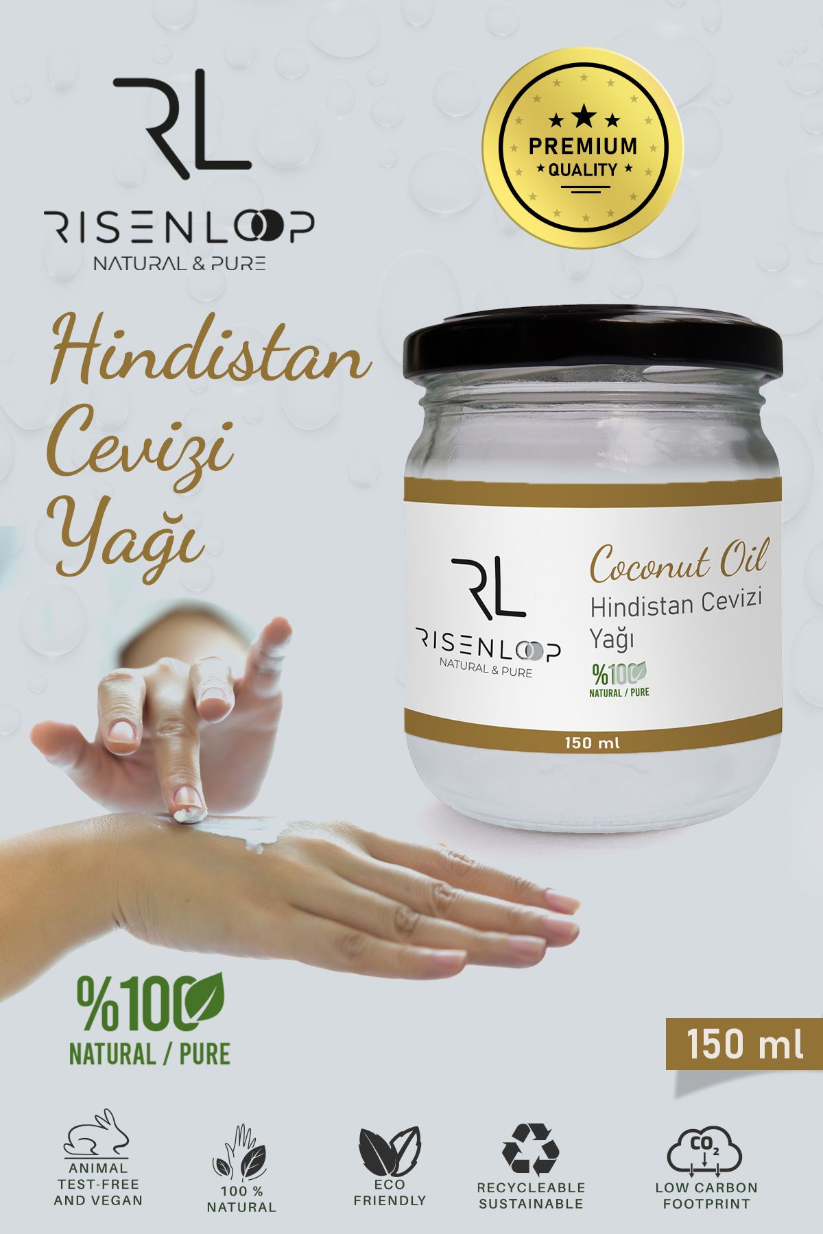 risenloop natural&pure Hindistan Cevizi Yağı %100 Saf Doğal Seyreltilmemiş Soğuk Sıkım 150 Ml