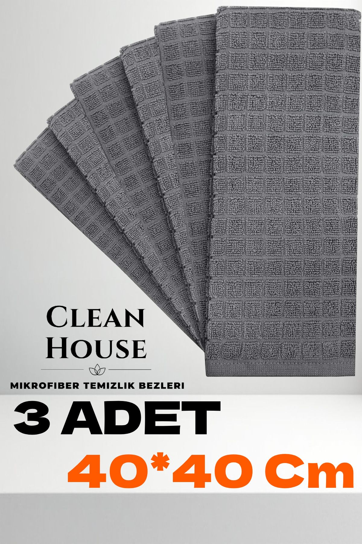 CLEAN HOUSE ( 3 Adet ) Mikrofiber Mutfak Temizlik Bezi Gri Renk 40*40 Cm Ultra Su Emici Koku Yapmaz