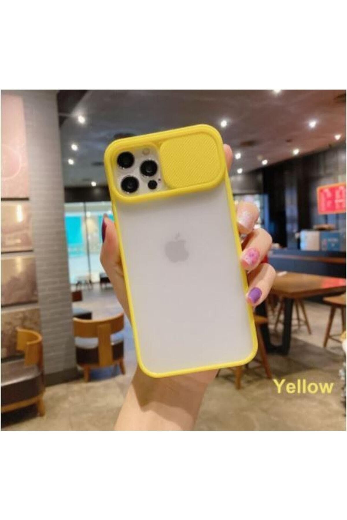 NcK Iphone 11 Pro max Kılıf Kamera Lens Sürgülü Korumalı, Kenar Renkli, Arkası Buzlu Şeffaf Kapak (Sarı)