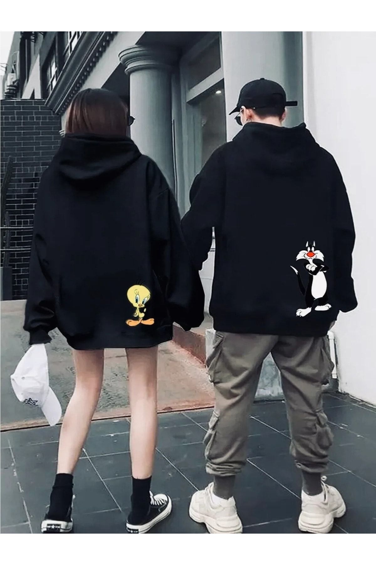 Charme Elegant Sevgili Kombini Tweety & Sylvester Baskılı Oversize Sweatshirt