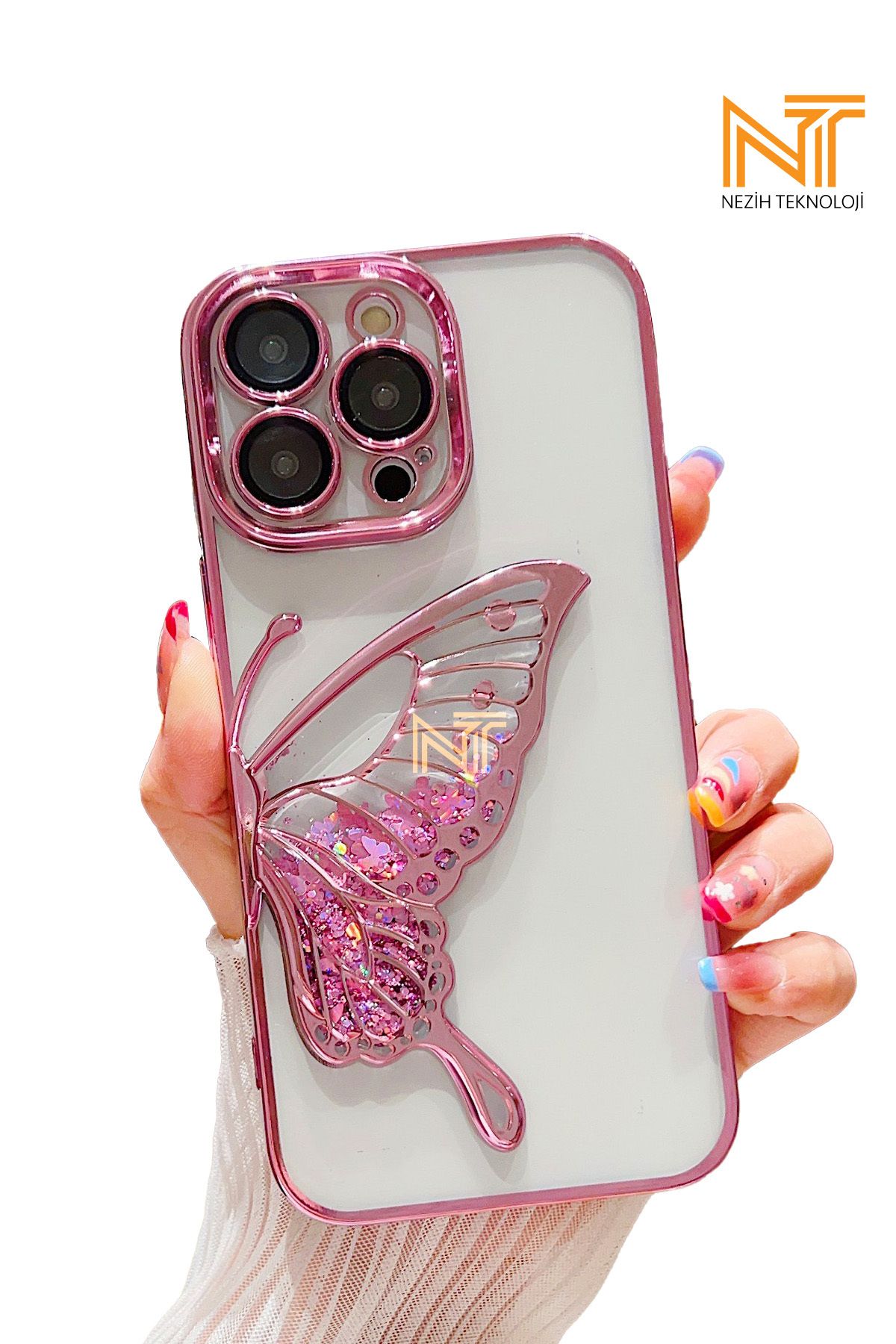 Nezih Case iPhone 16 Pro Uyumlu 3D Kelebek Motifli Lens Koruyuculu Kılıf