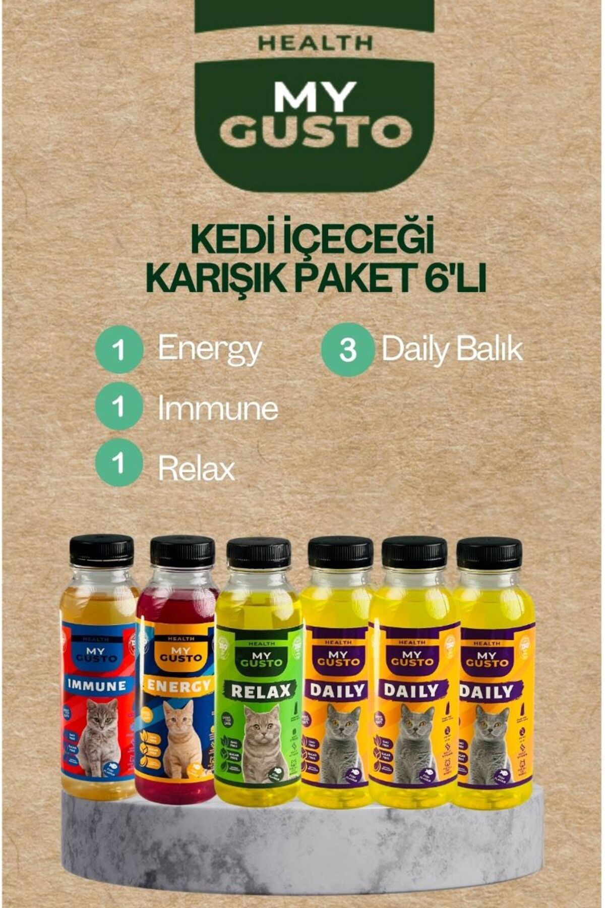 My Gusto Health Daily ve Health 6'lı Paket Kedi İçeceği (Relax-Immune-Energy) 300 ml