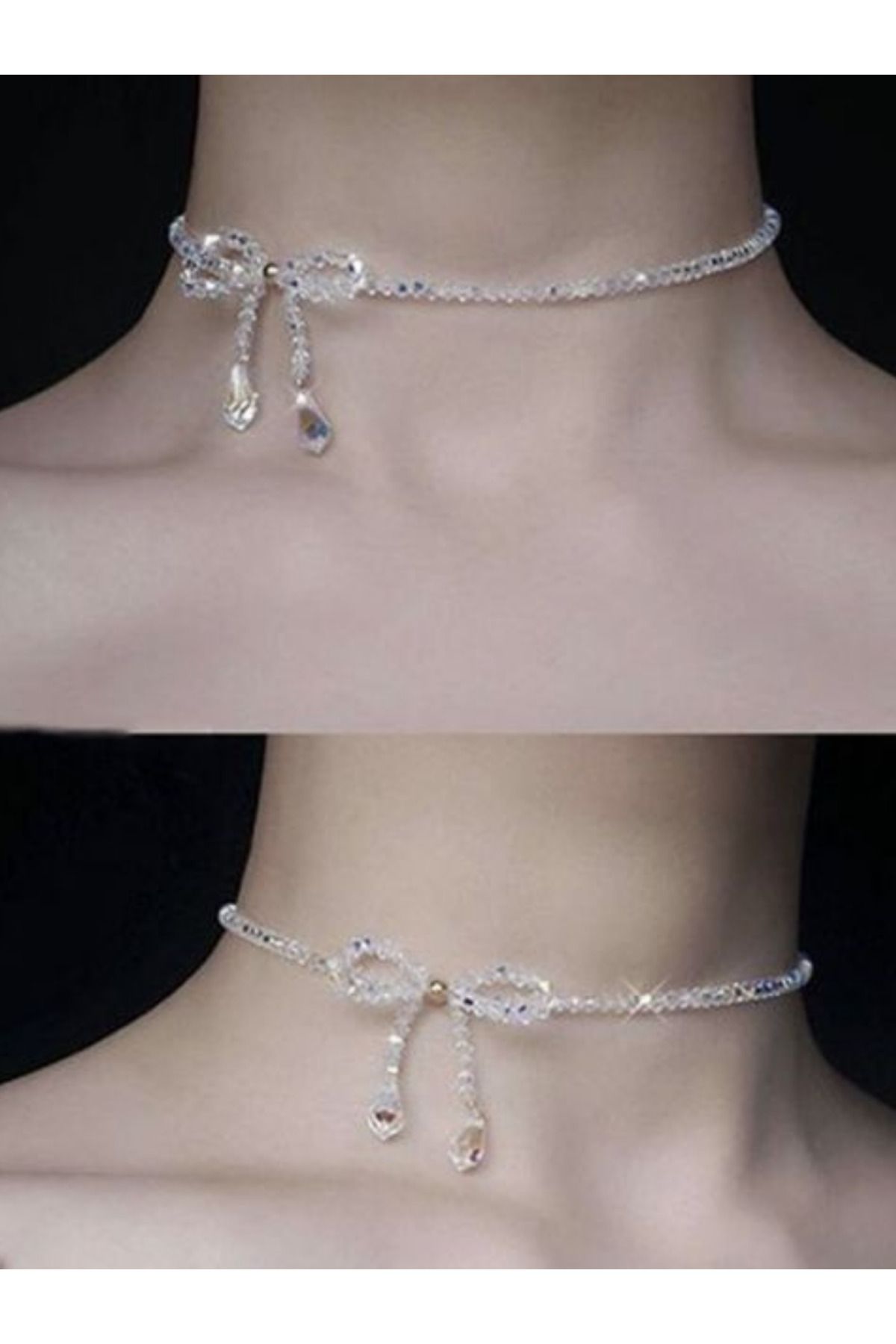 SHİNELİZE Beyaz kristal taş kolye, Kurdele şekli kolye, El yapımı choker kolye, Şık choker kolye ,Kristal