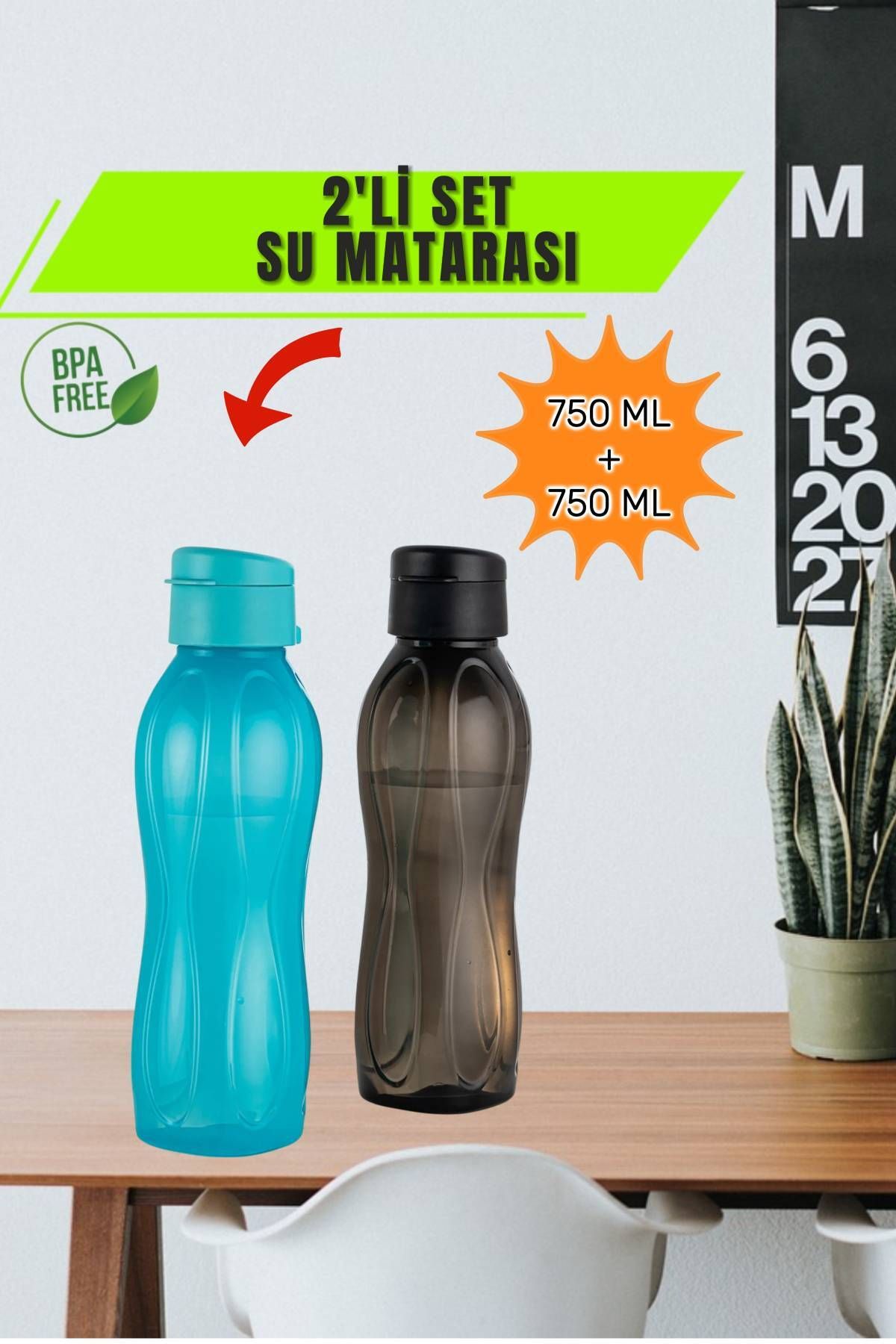 MEDUSHOP 2'li Set 1,5 LT Su Matarası Eve, Okula, Spora, İş Yerine Uygun & Su Şişesi & Suluk - Turkuaz-Siyah