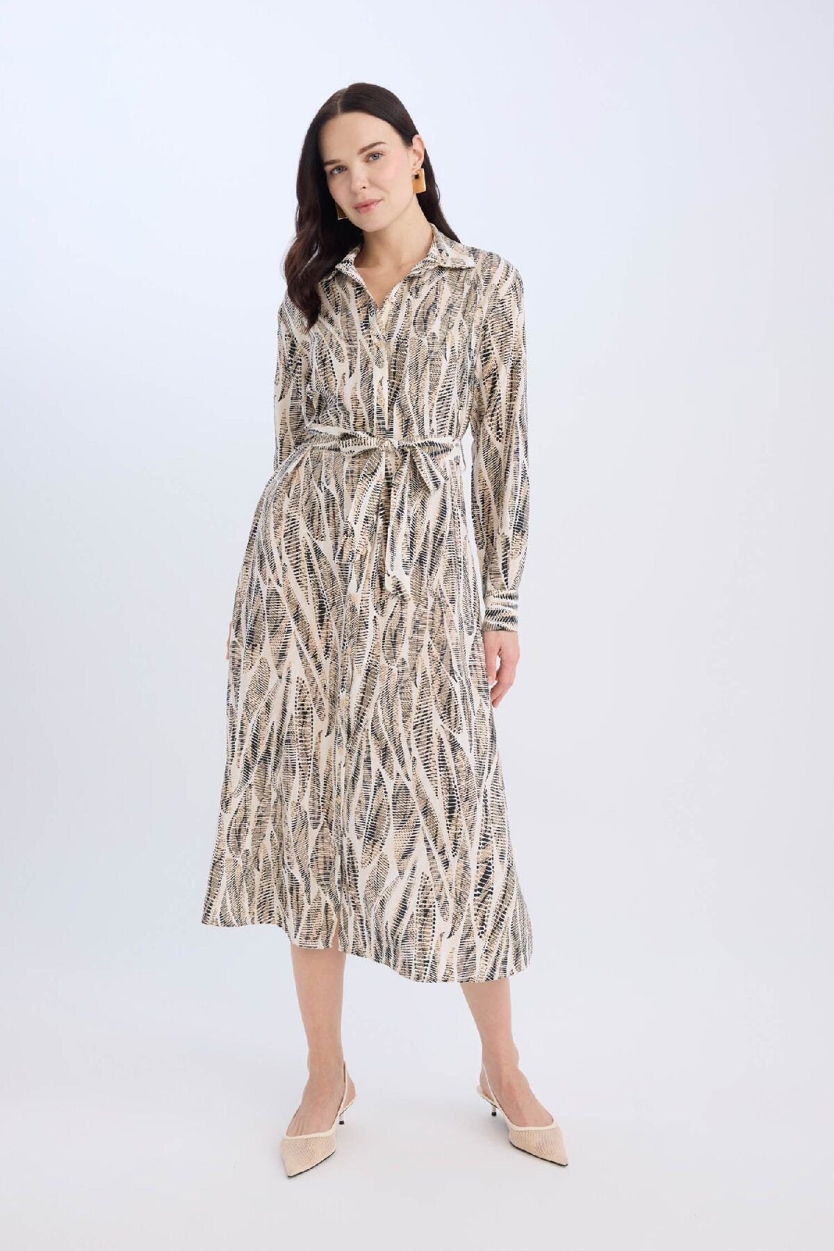 DeFacto-Regular Fit Print V Neck Belted Long Sleeve Maxi Dress E0784Ax25Sp 1