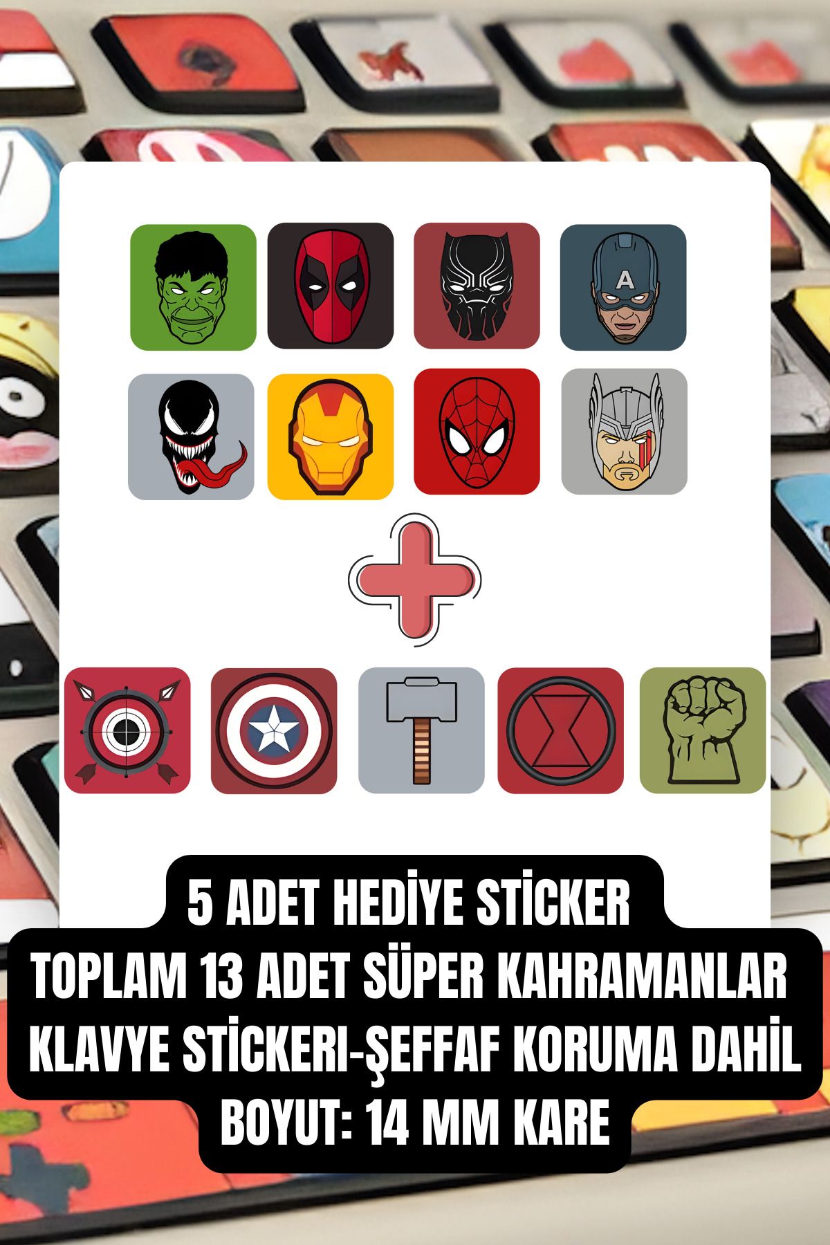 Lemur'ful 13 Adet Süper Kahramanlar Klavye Tuşu Stickerı, Klavye Tuşu Çıkartması, Şeffaf Koruma Dahil, 14 mm