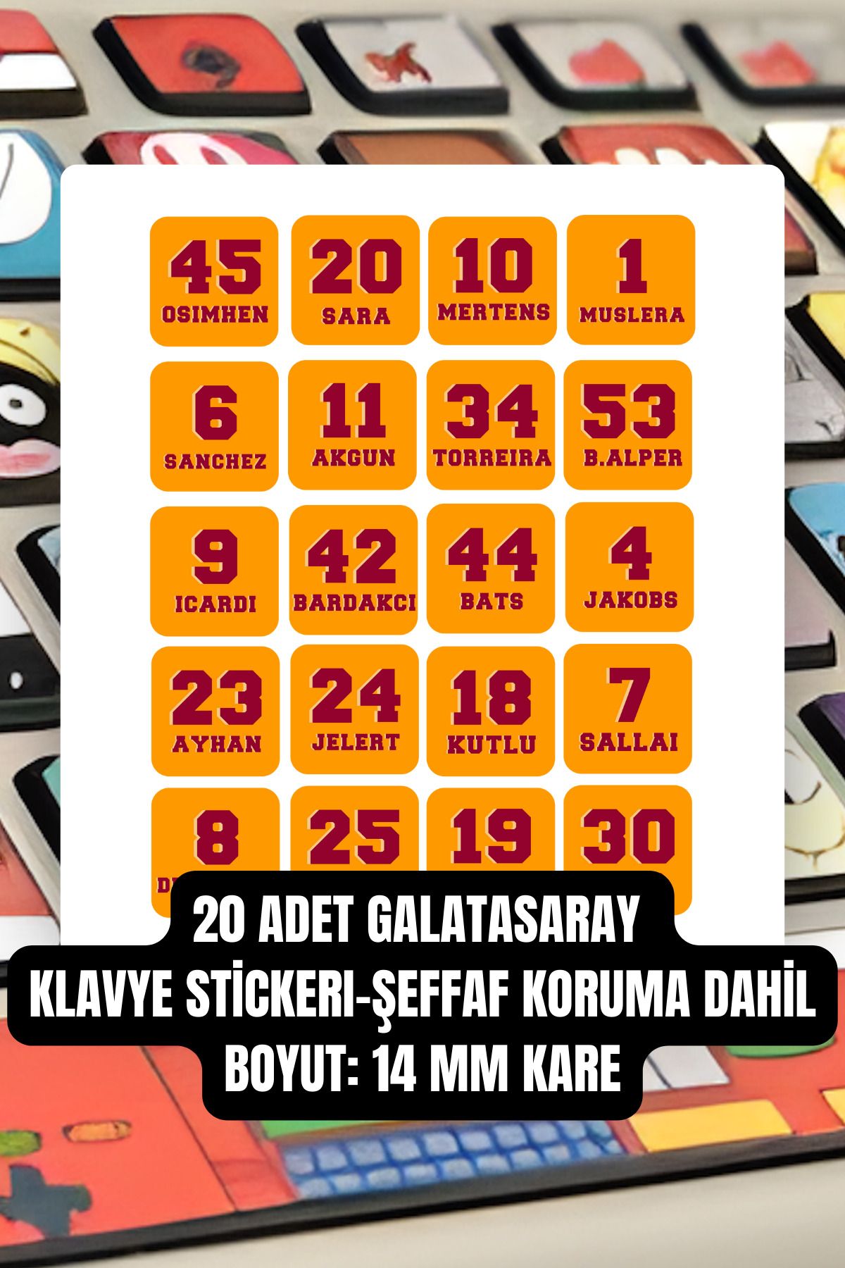 Lemur'ful 20 Adet Futbol Takımı Klavye Tuşu Stickerı, Klavye Tuşu Çıkartması, Şeffaf Koruma Dahil, 14 mm