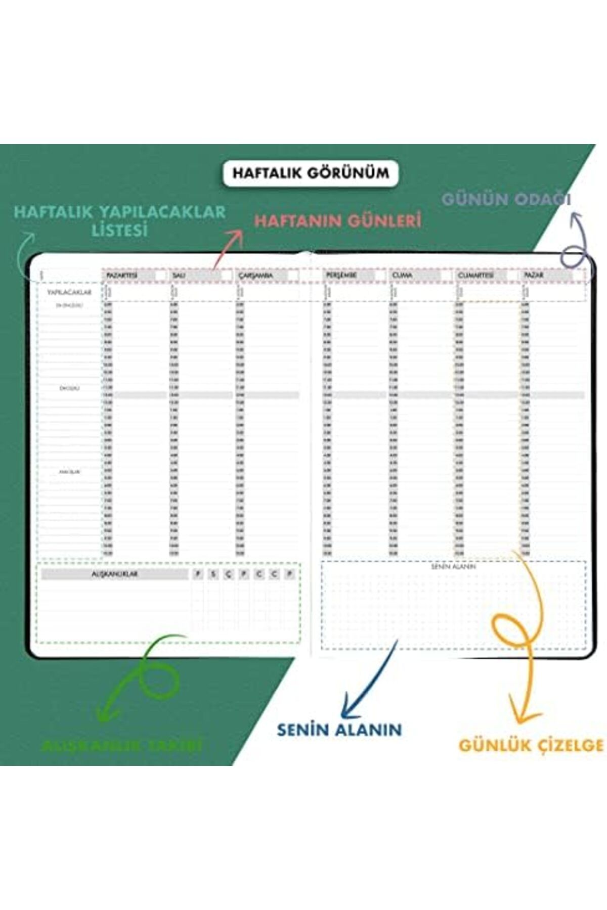 STOREMAX EMLshop Etnik, Yeşil Deri Ajanda Haftalık Planlayıcı Planner Tarihsiz Fz Yeni VDesing 986362