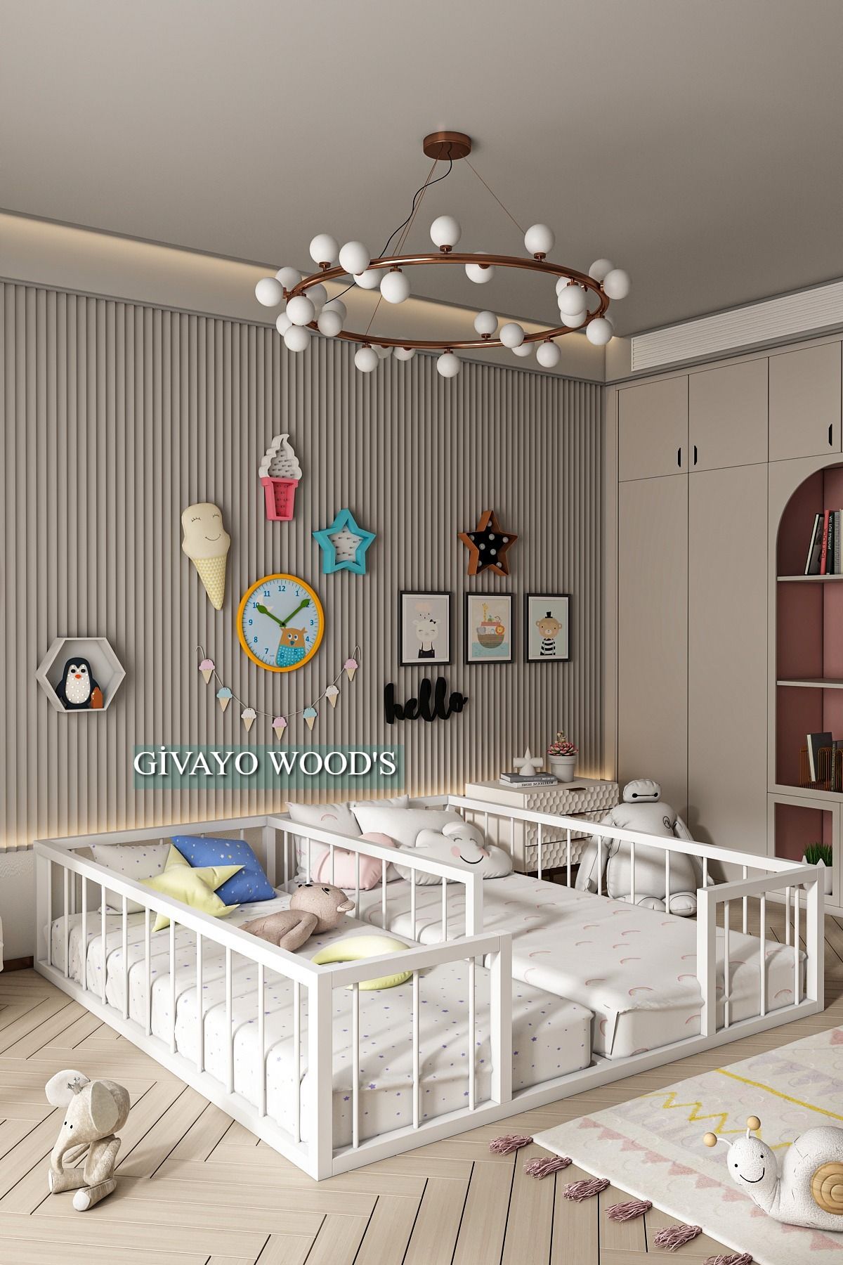 GİVAYO WOOD'S Winter Bebek Çocuk Montessori MDF Çiftli Yatak