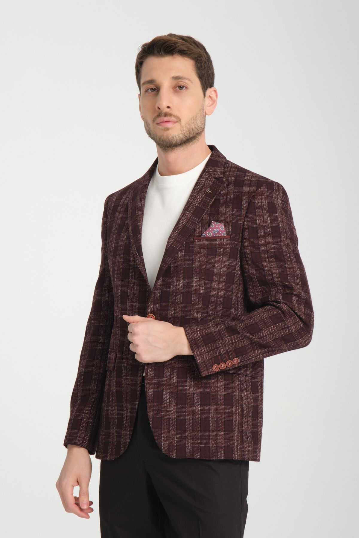 Frappoli Galileo Erkek Bordo Kareli Ekoseli Mono Yaka Esnemeyen Kumaş Kalın Kumaş Slim Fit Blazer Ceket