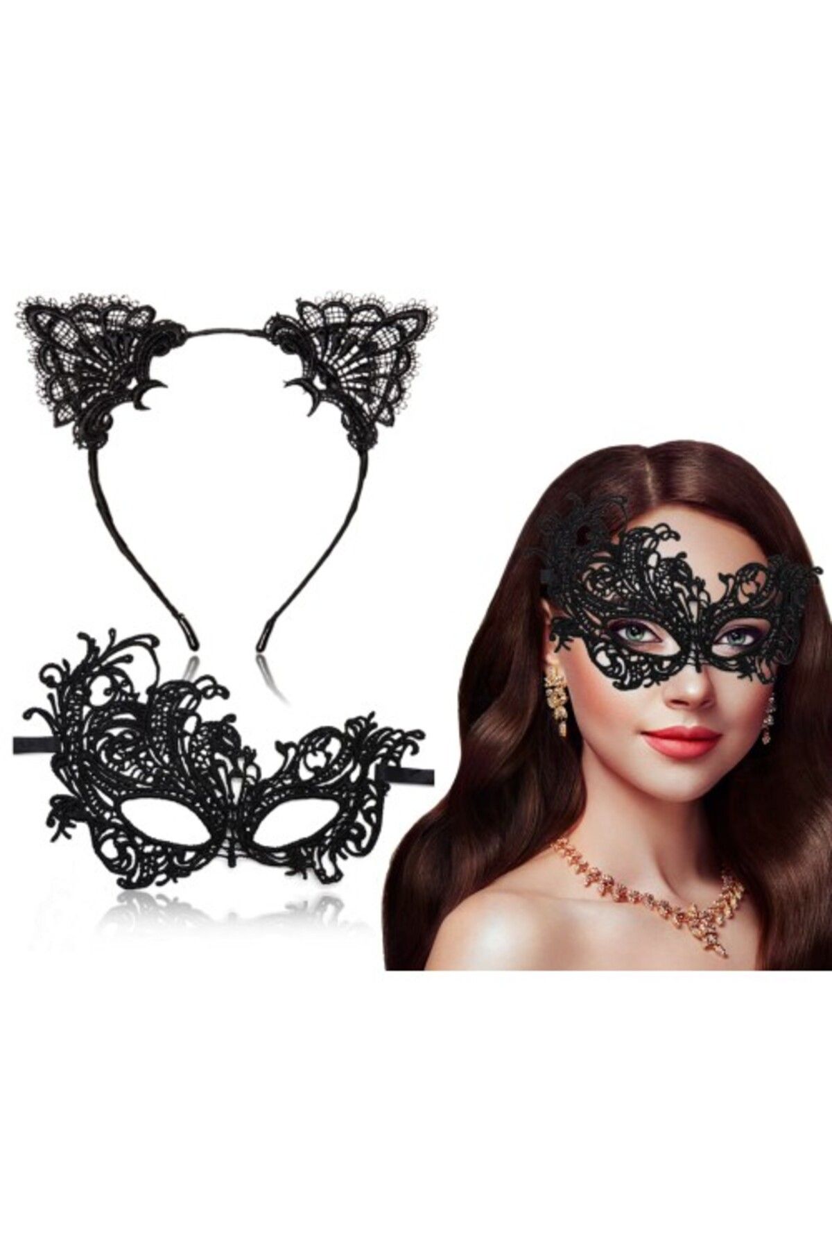 MELFSHOP Siyah Renk Dantel Maske ve Dantel Taç Seti Yetişkin Boy No 1