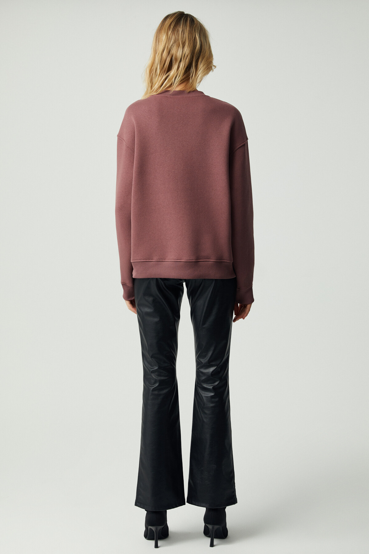 GRIMELANGE  VANELTINA Kadın Organik Pamuklu Yumuşacık İçi Polarlı Yuvarlak yakalı Mürdüm Sweatshirt - Görsel 5