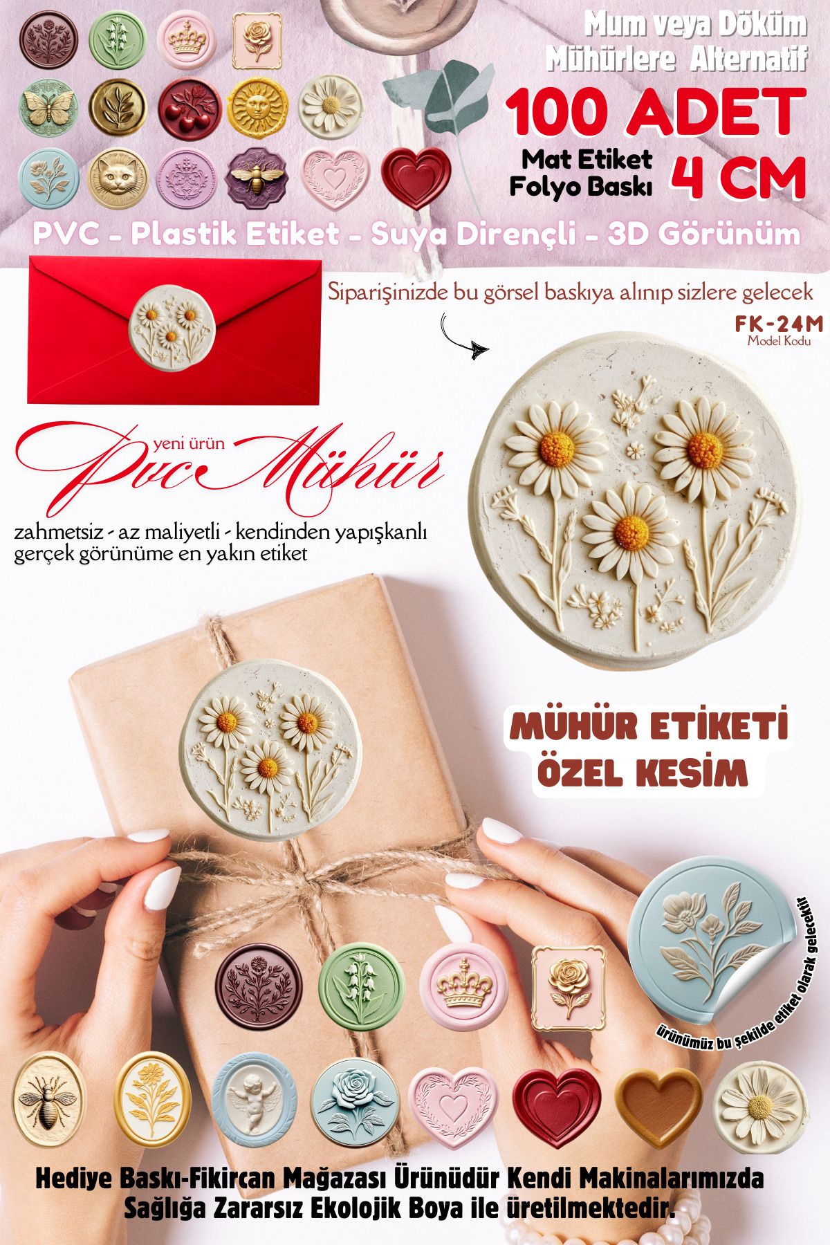 FİKİRCAN MÜHÜR ETİKETİ 100 Adet Kokusuz Ekolojik Mürekkep PVC ETİKET 4 CM MUM VE DÖKÜM ALTERNATİF