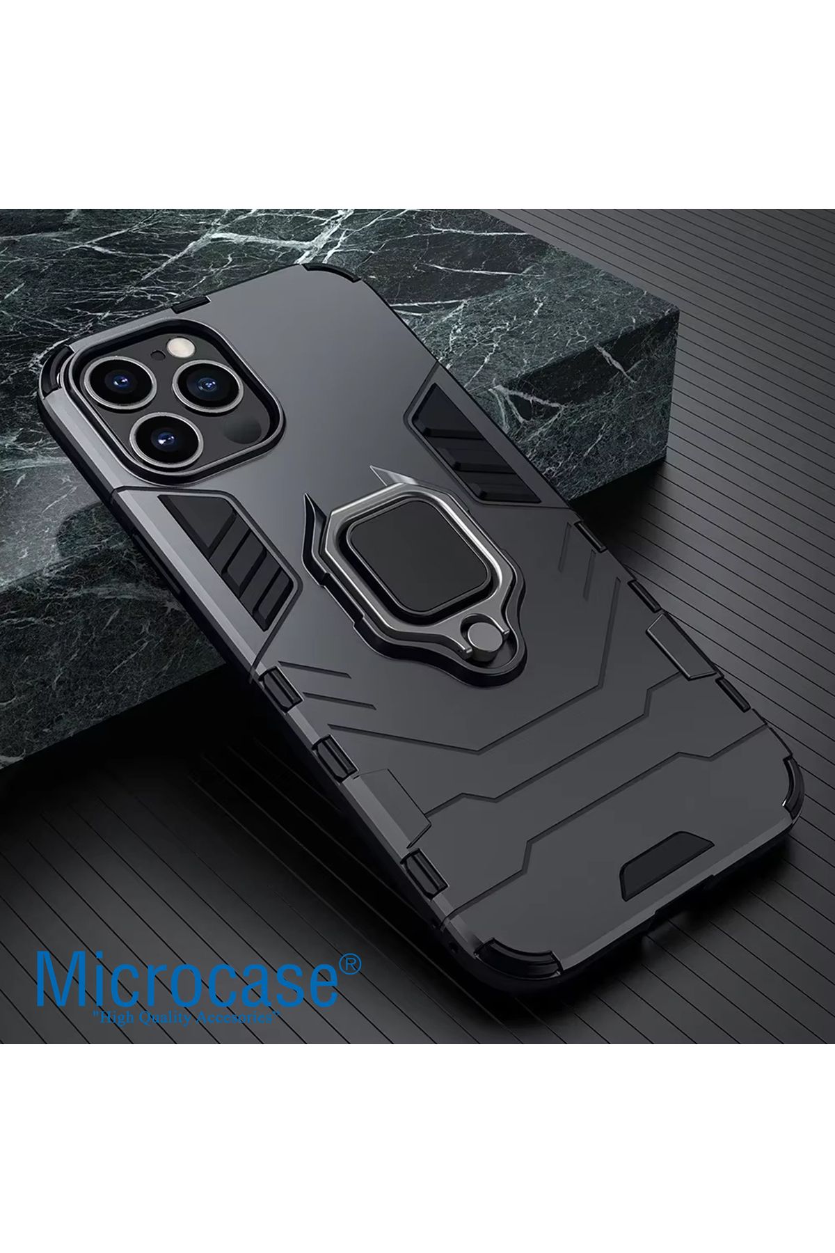 Microcase Iphone 16 ProMax ile Uyumlu Batman Serisi Yüzük Standlı Armor Kılıf - Siyah AL3349