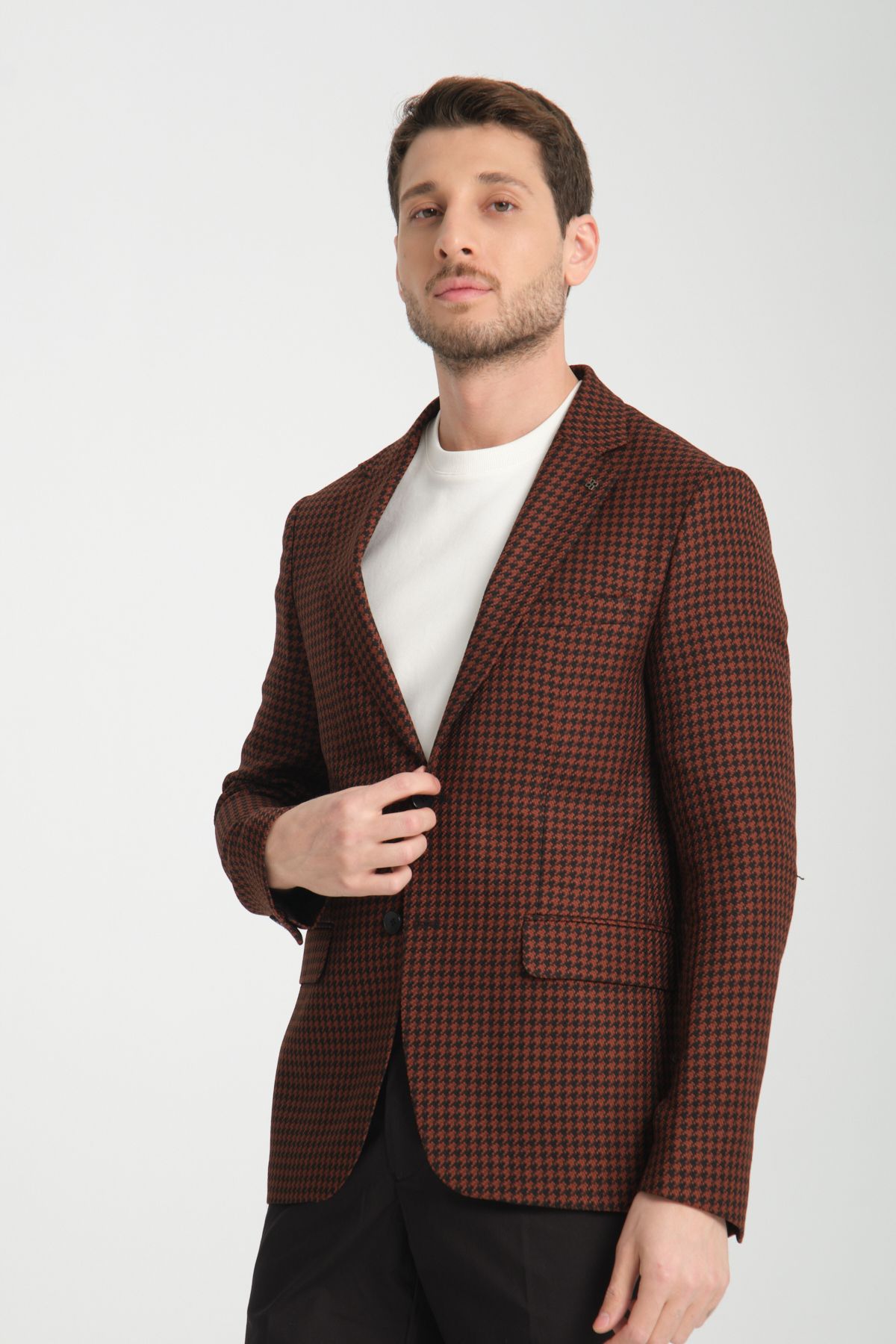 Frappoli Parcessi Erkek Kahve Kazayağı Desenli Slim Fit Dar Kesim Esnemeyen Kumaş Blazer Ceket