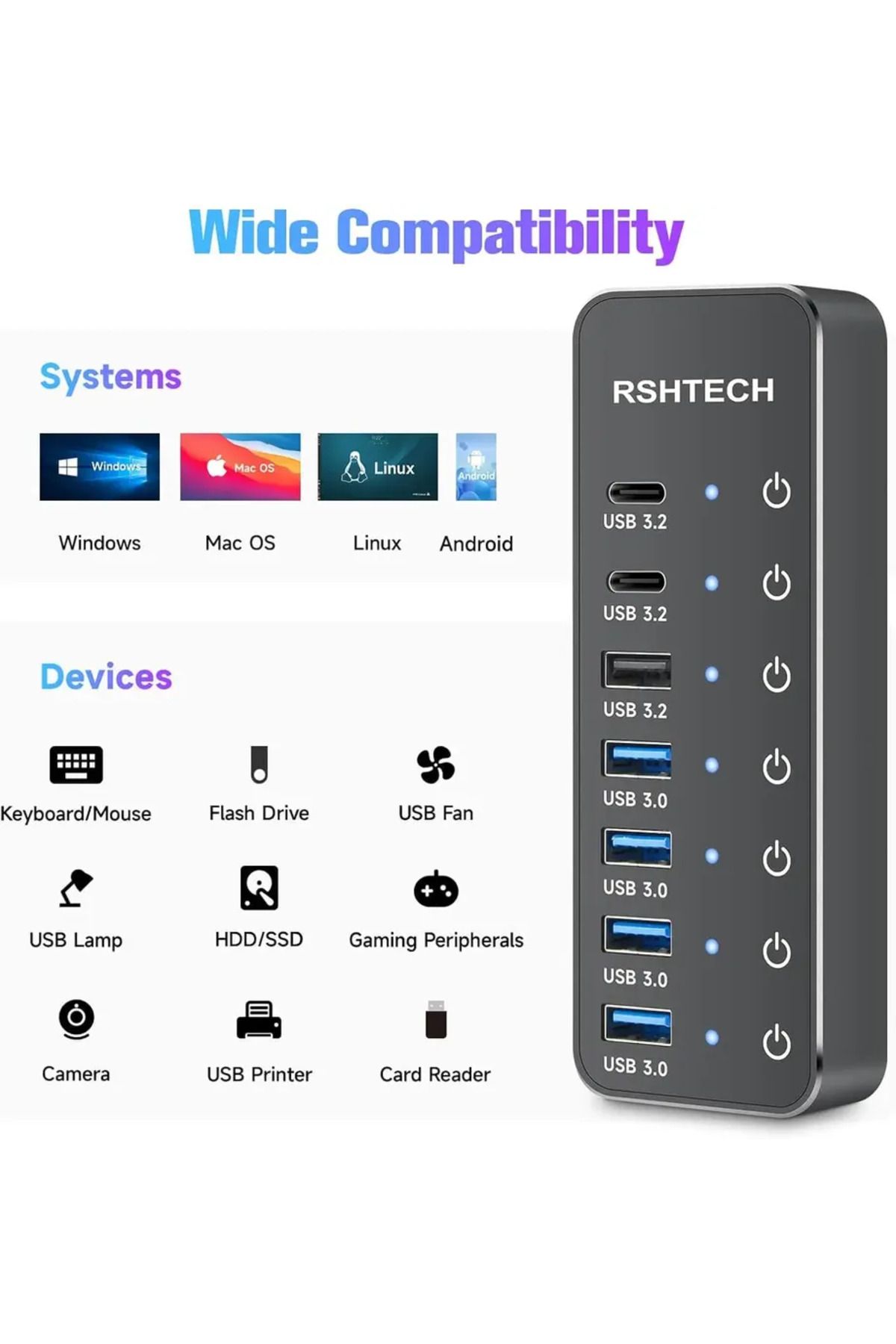 Choice-محول قابس الاتحاد الأوروبي Rshtech موزع USB C مزود بالطاقة بـ 7 منافذ مع منفذ USB-c 3.2 بسرعة 10 جيجابت في الثانية ومفتاح لمس فردي 6