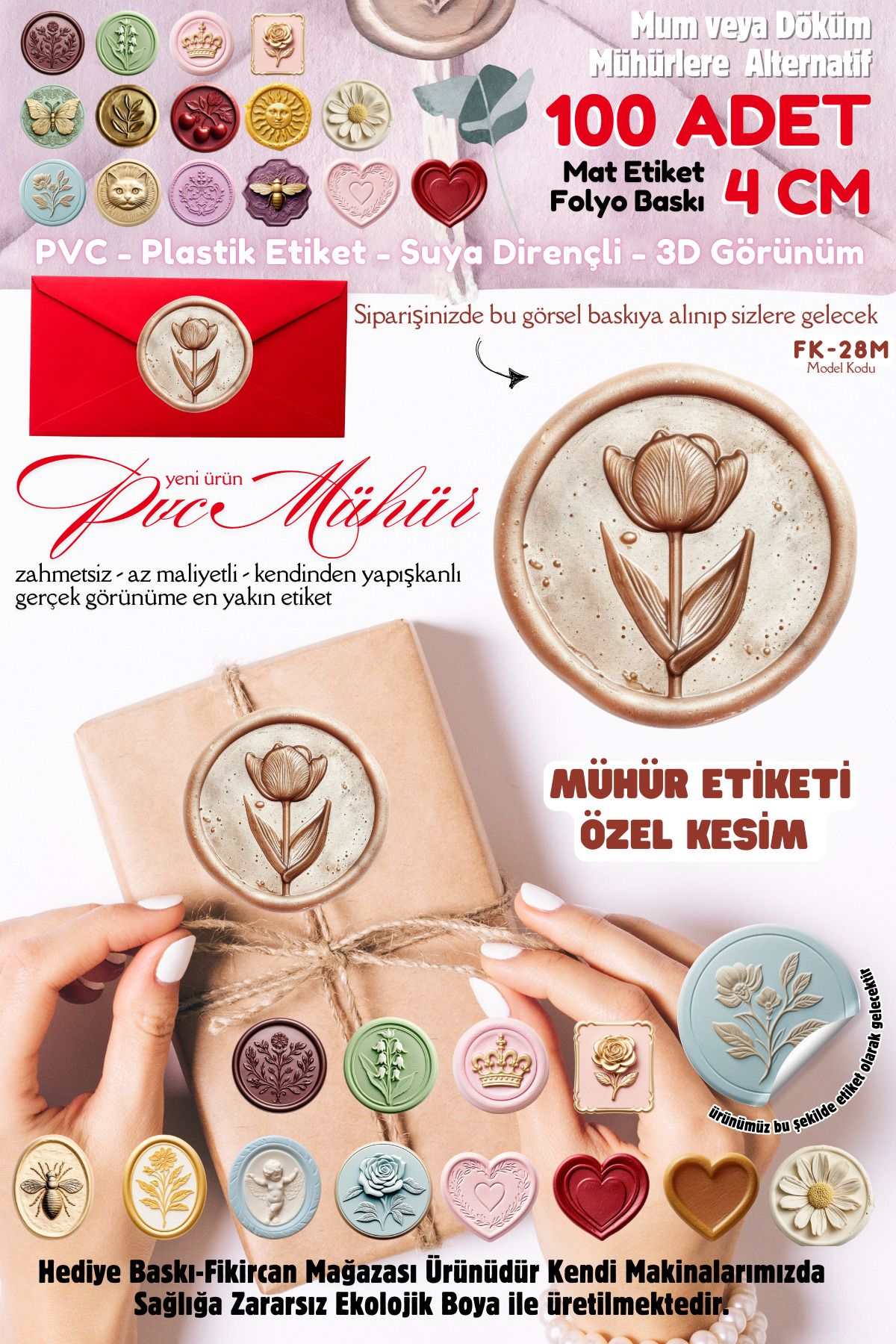 FİKİRCAN MÜHÜR ETİKETİ 100 Adet Kokusuz Ekolojik Mürekkep PVC ETİKET 4 CM MUM VE DÖKÜM ALTERNATİF