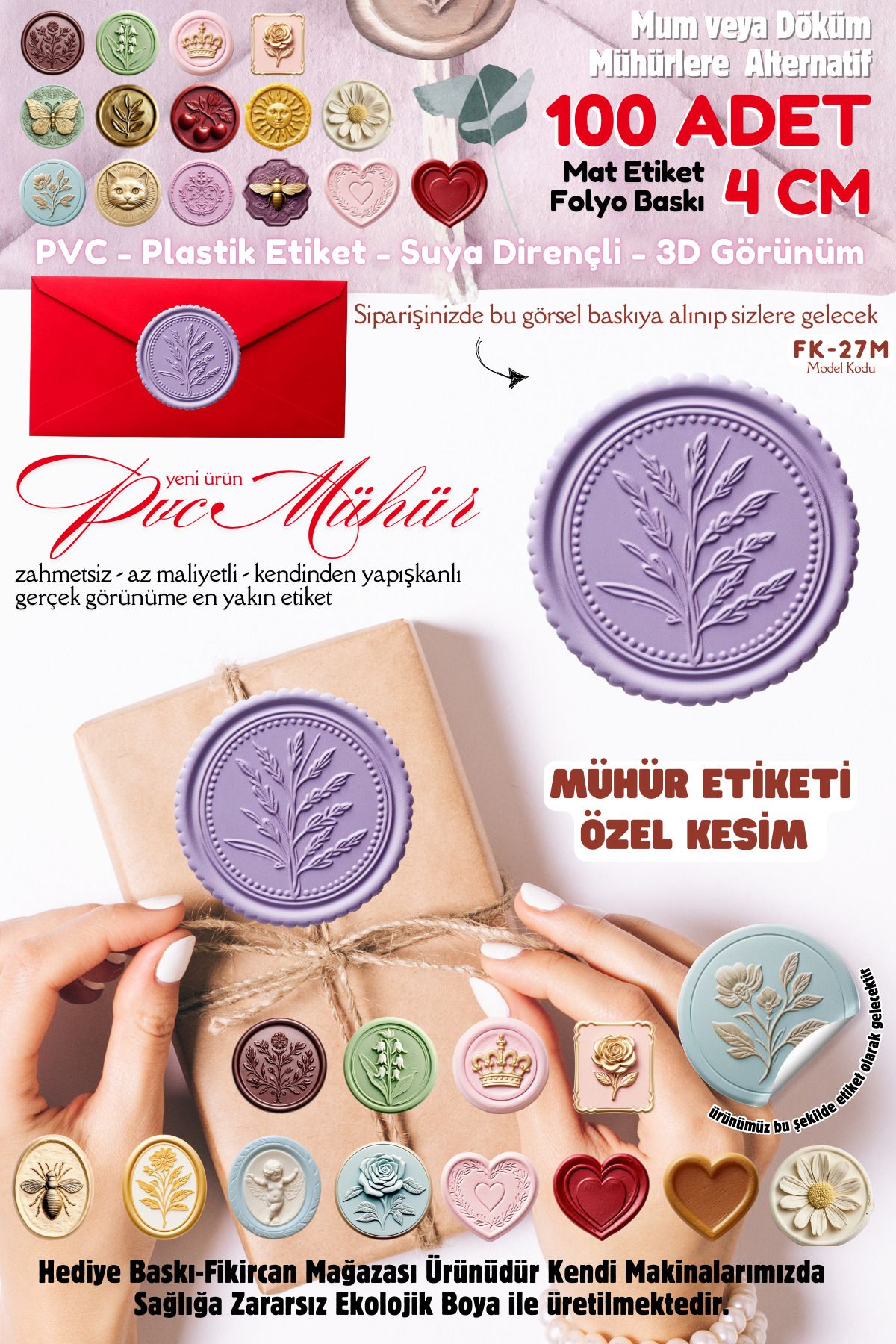 FİKİRCAN MÜHÜR ETİKETİ 100 Adet Kokusuz Ekolojik Mürekkep PVC ETİKET 4 CM MUM VE DÖKÜM ALTERNATİF