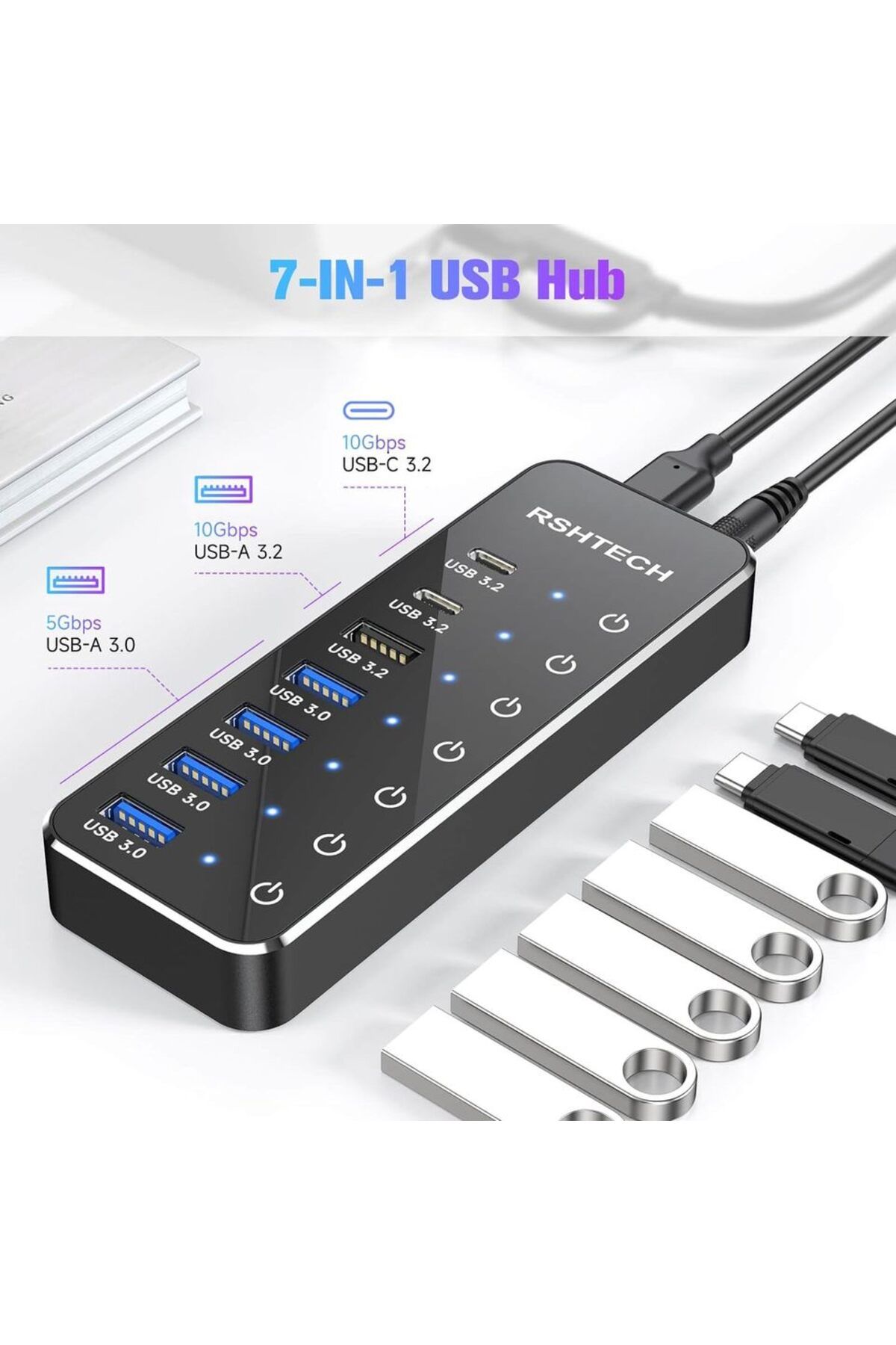 Choice-محول قابس الاتحاد الأوروبي Rshtech موزع USB C مزود بالطاقة بـ 7 منافذ مع منفذ USB-c 3.2 بسرعة 10 جيجابت في الثانية ومفتاح لمس فردي 3