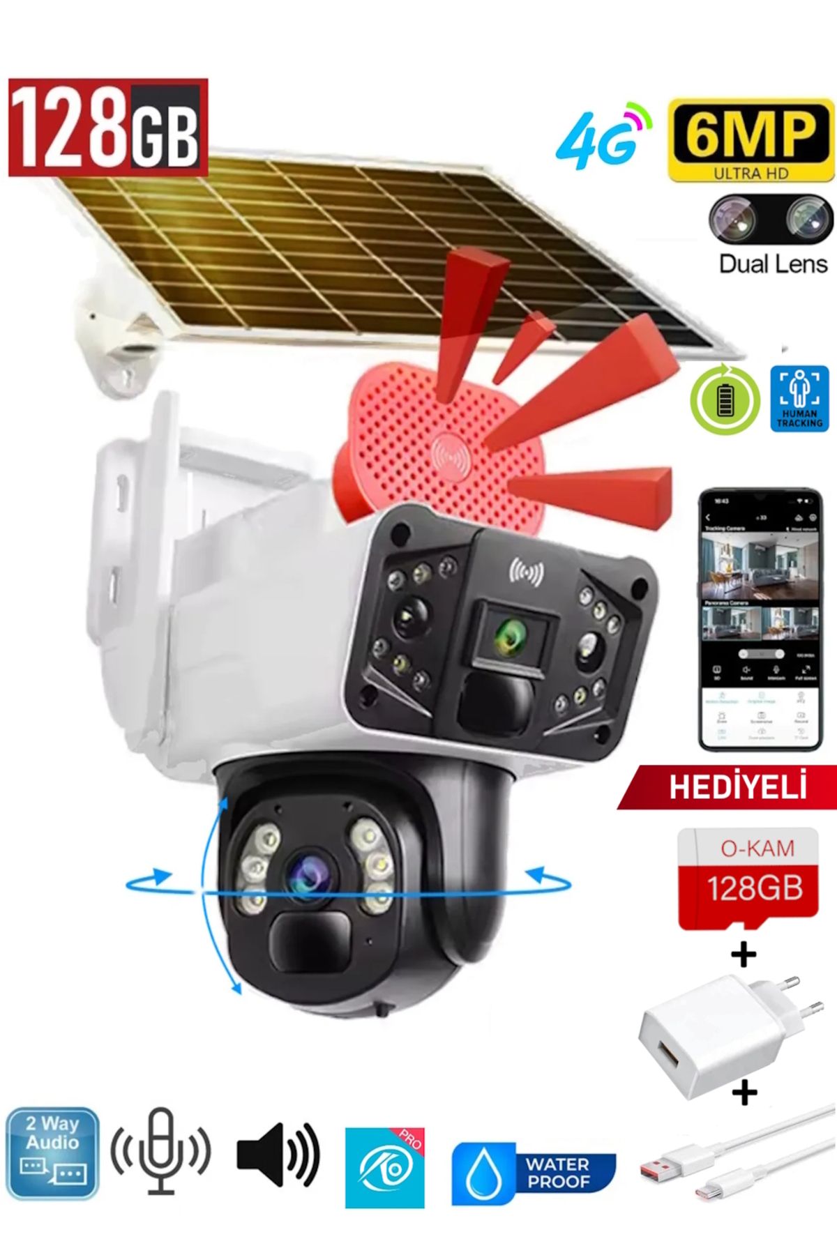 Ventus 4G Solar 6MP Akıllı Çift Kamera + 128GB Hafıza Kartı ve Şarj Cihazı HEDİYE