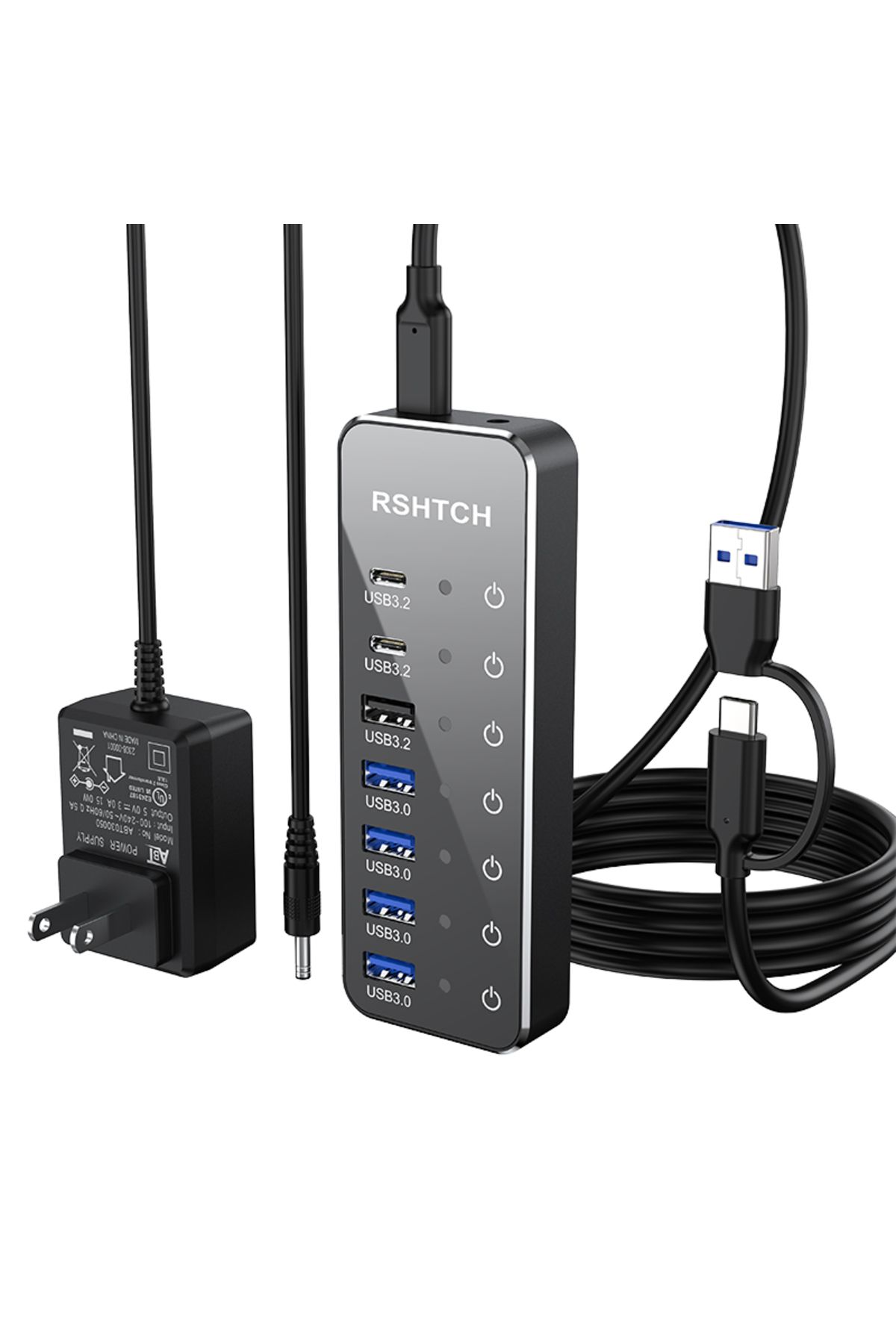 Choice-محول قابس الاتحاد الأوروبي Rshtech موزع USB C مزود بالطاقة بـ 7 منافذ مع منفذ USB-c 3.2 بسرعة 10 جيجابت في الثانية ومفتاح لمس فردي 8