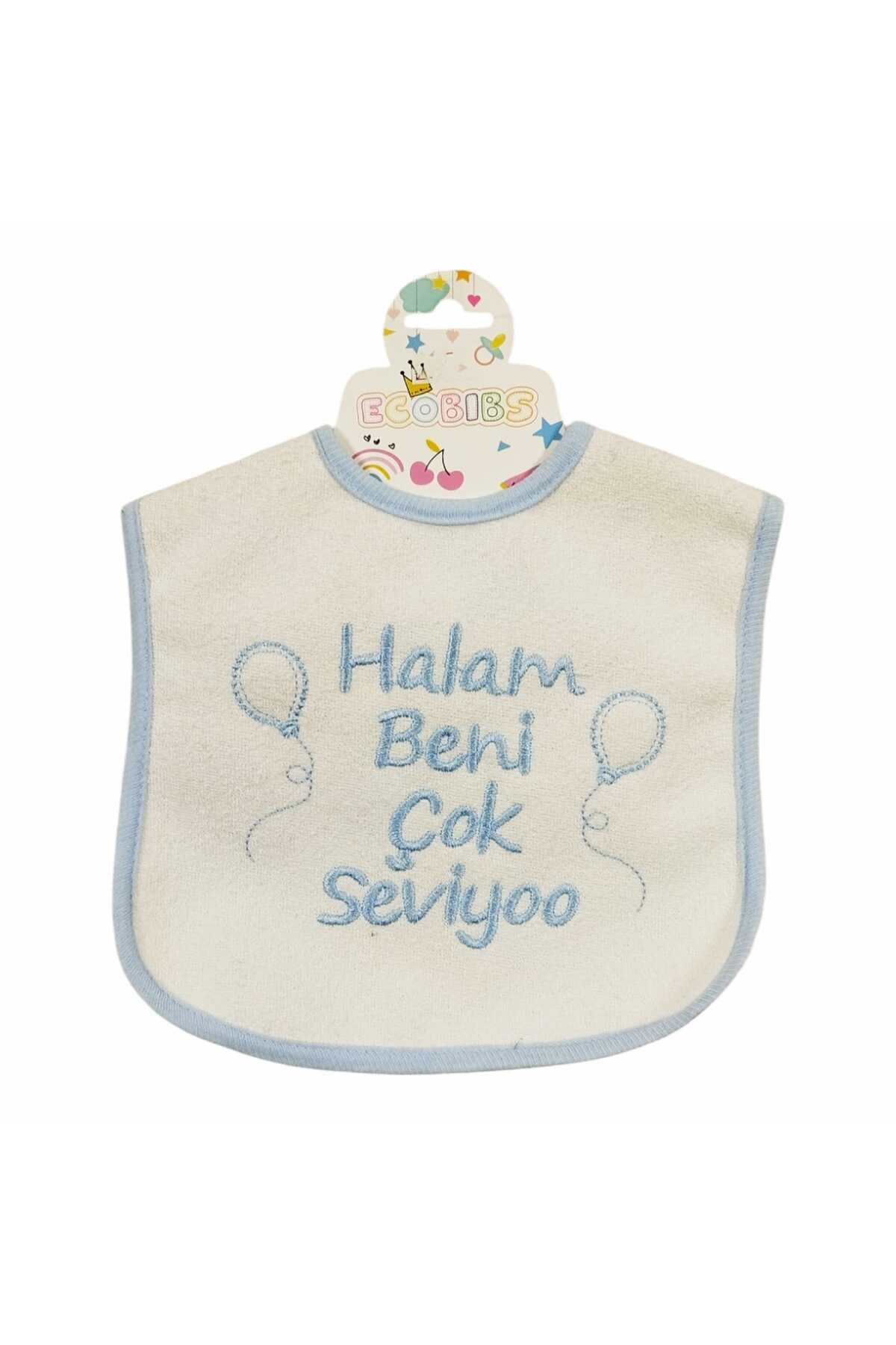 ECOBIBS Halam Beni Çok Seviyoo Yazılı Mama Önlüğü Mavi