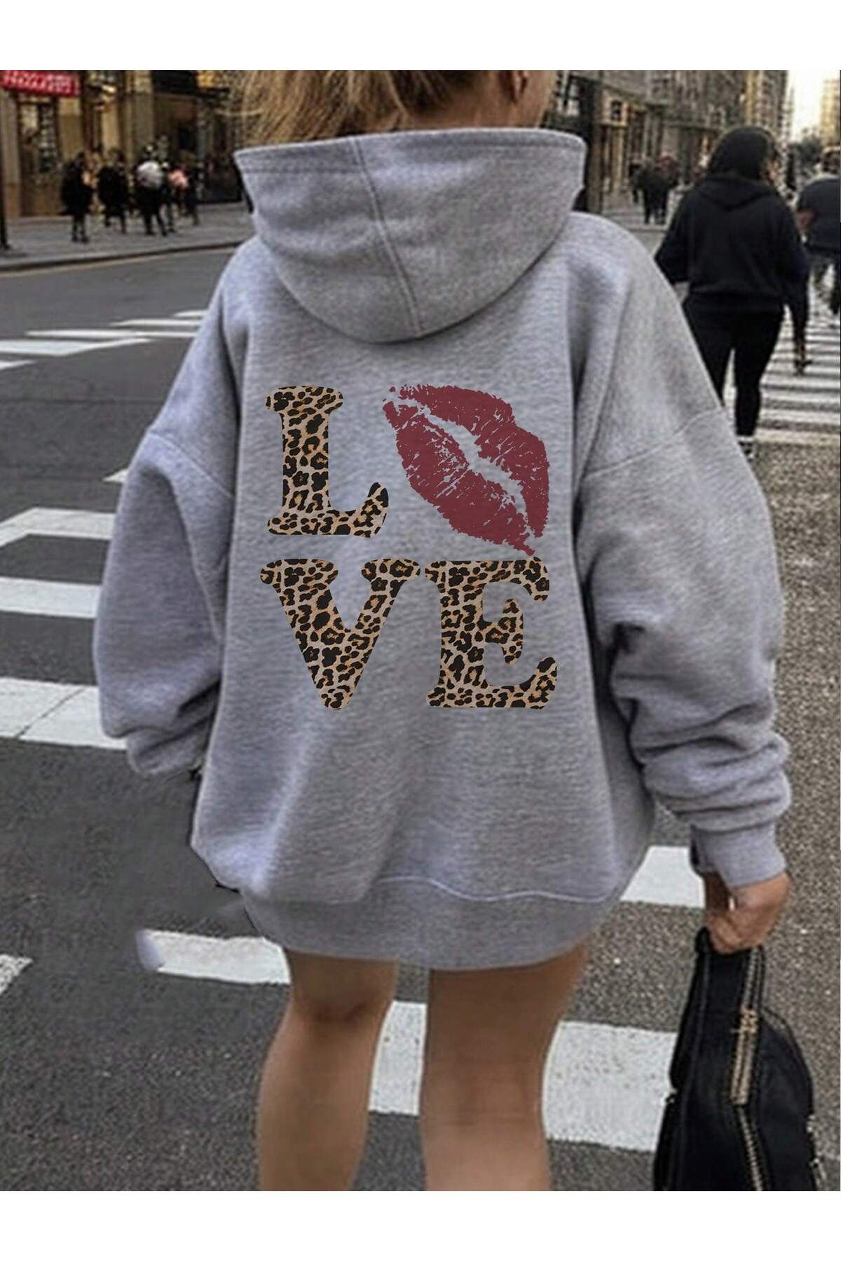 aynewmoda LOVE Tiger Fermuarlı Kapşonlu Sweatshirt Hırka