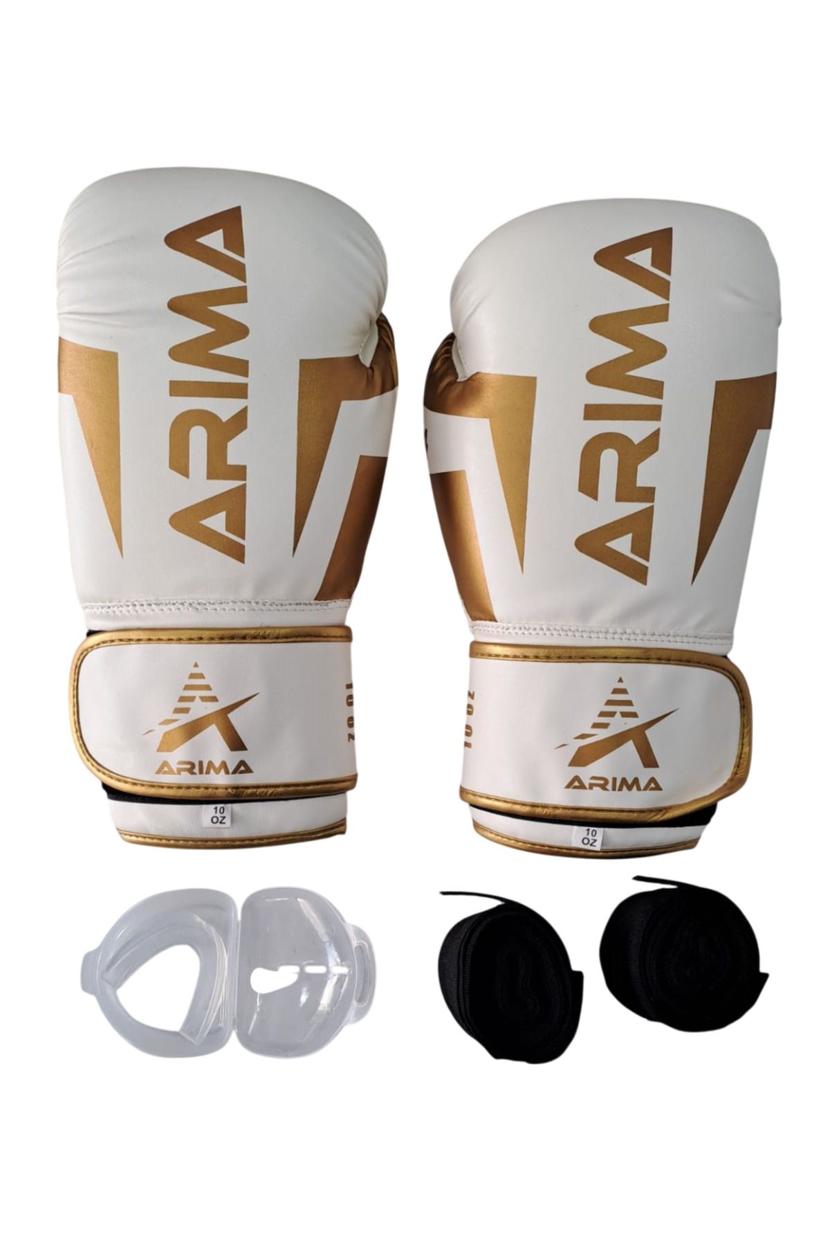 ARIMA Arıma Nova-4 Boks Kickboks Muaythai Ediveni Beyaz-Gold (8oz-10oz-12oz) + Bandaj + Dişlik Set