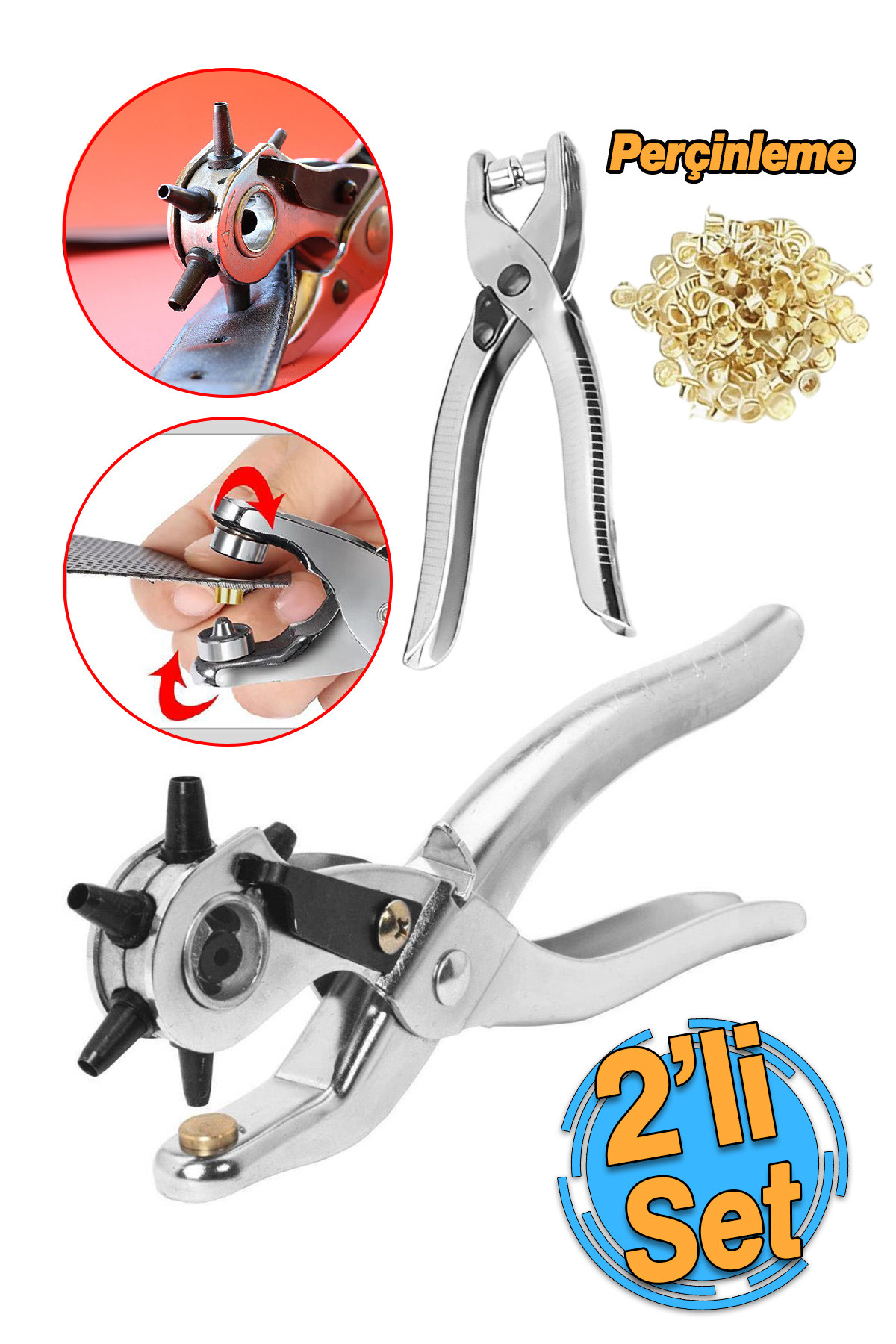 Badem10 Kemer Deri Delme Pensesi Metal 2'li Set 6 Farklı Boyutta Delici Delik Açıcı Perçin Perçinleme