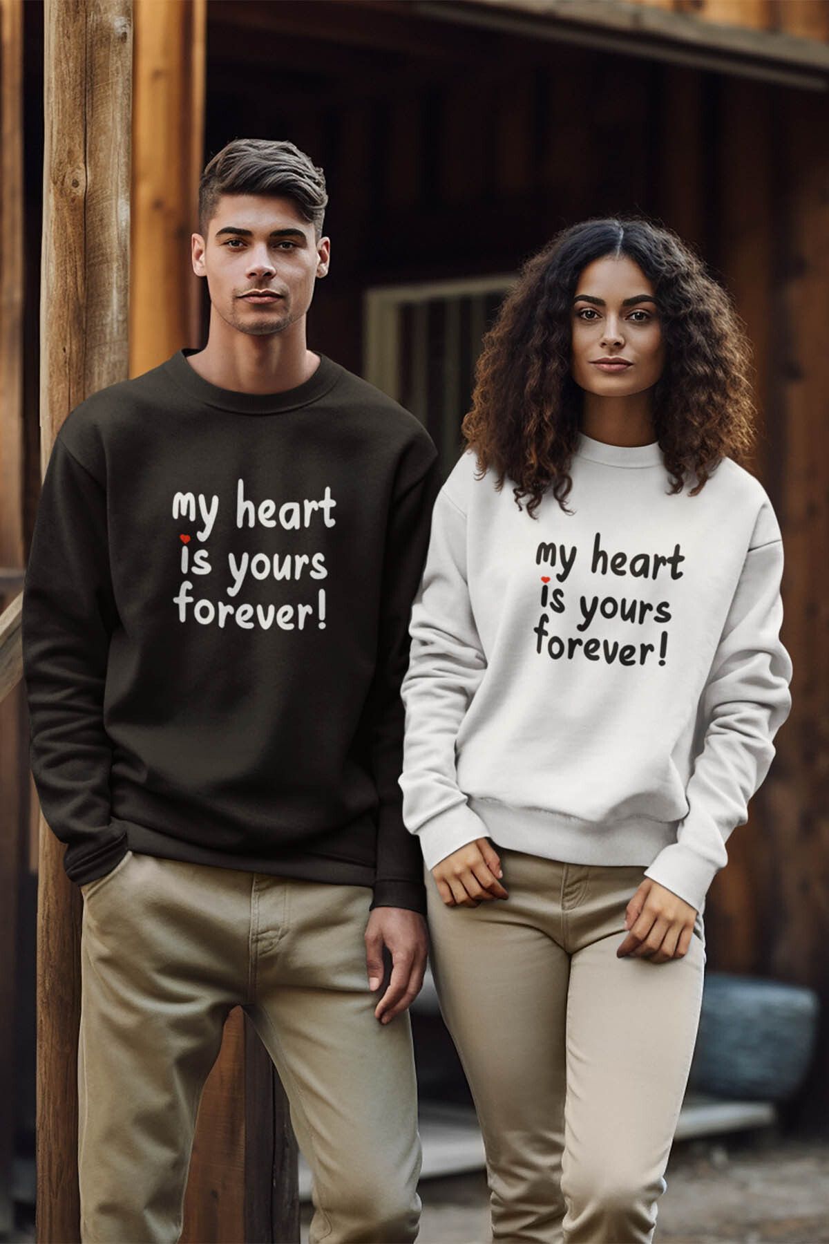 qoeuyl boutique My Heart Sevgili Çift Kombin Sevgililer Günü Hediye Baskılı Bisiklet Yaka Sweatshirt