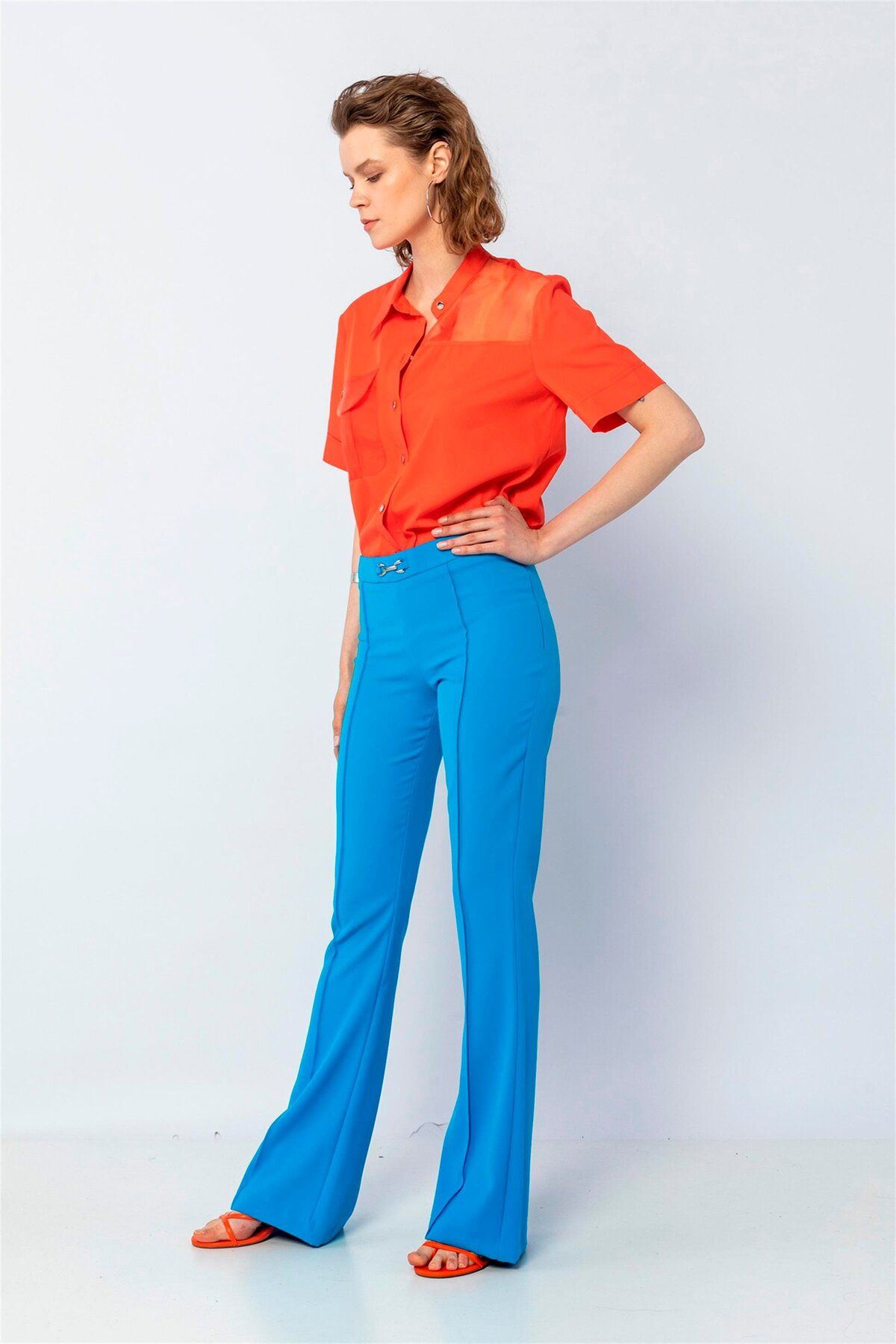 Green & Country-Blue Flare Trousers - High Waist and Accessory Detail 5