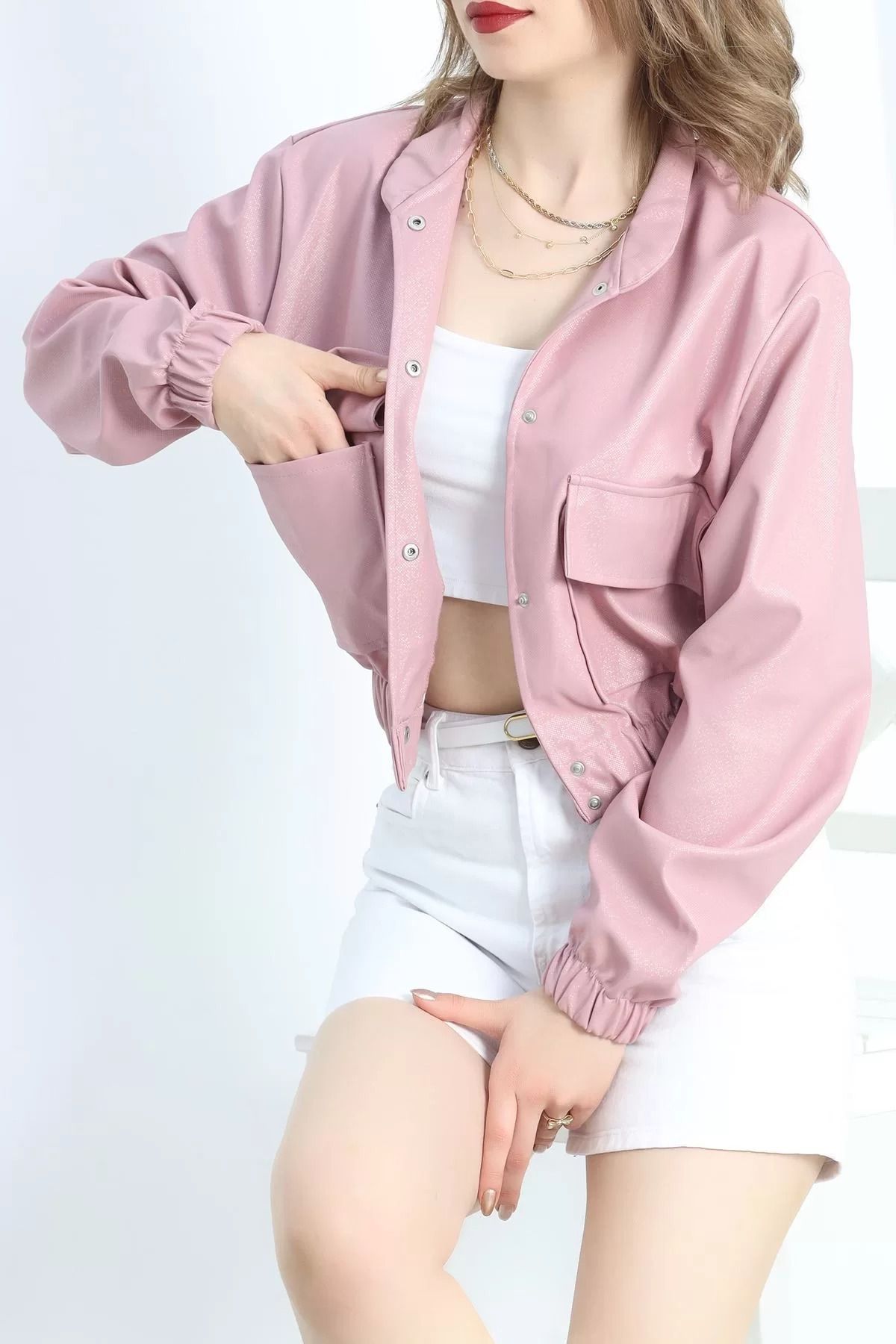 ceylinmoda Astarsız Deri Bomber Ceket Tozpembe - 30134.1837.