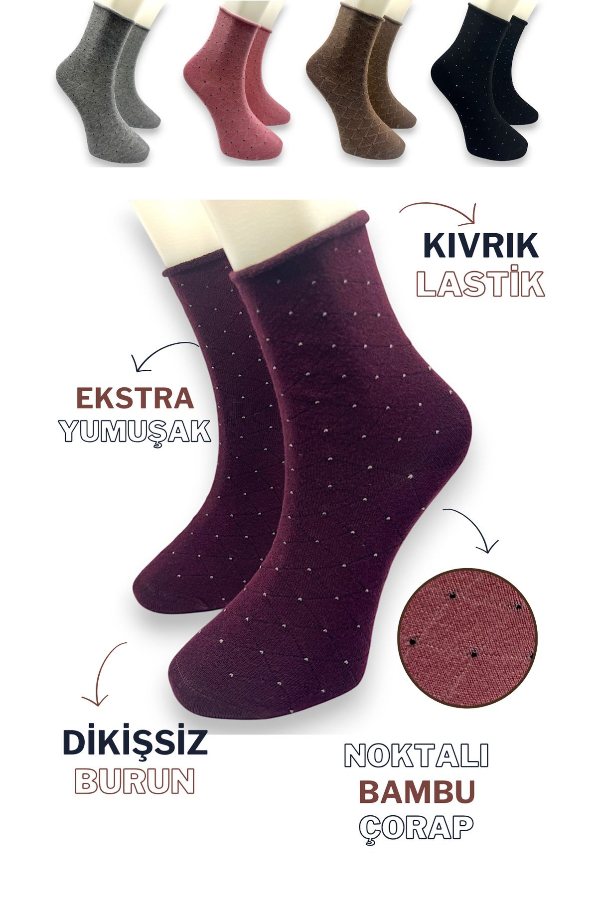 CİHO SOCKS CİHO SOCKS Premium 5 Çift Bambu Kadın Dikişsiz Puanlı Lastiksiz Roll Top İz Bırakmaz Soket Çorap