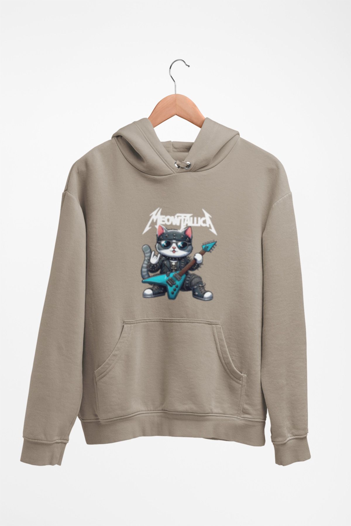 Tshirto MEOWTALLICA Baskılı 3 İplik Şardonlu Lacivert/Bej/Siyah Kapüşonlu Sweatshirt Hoodie