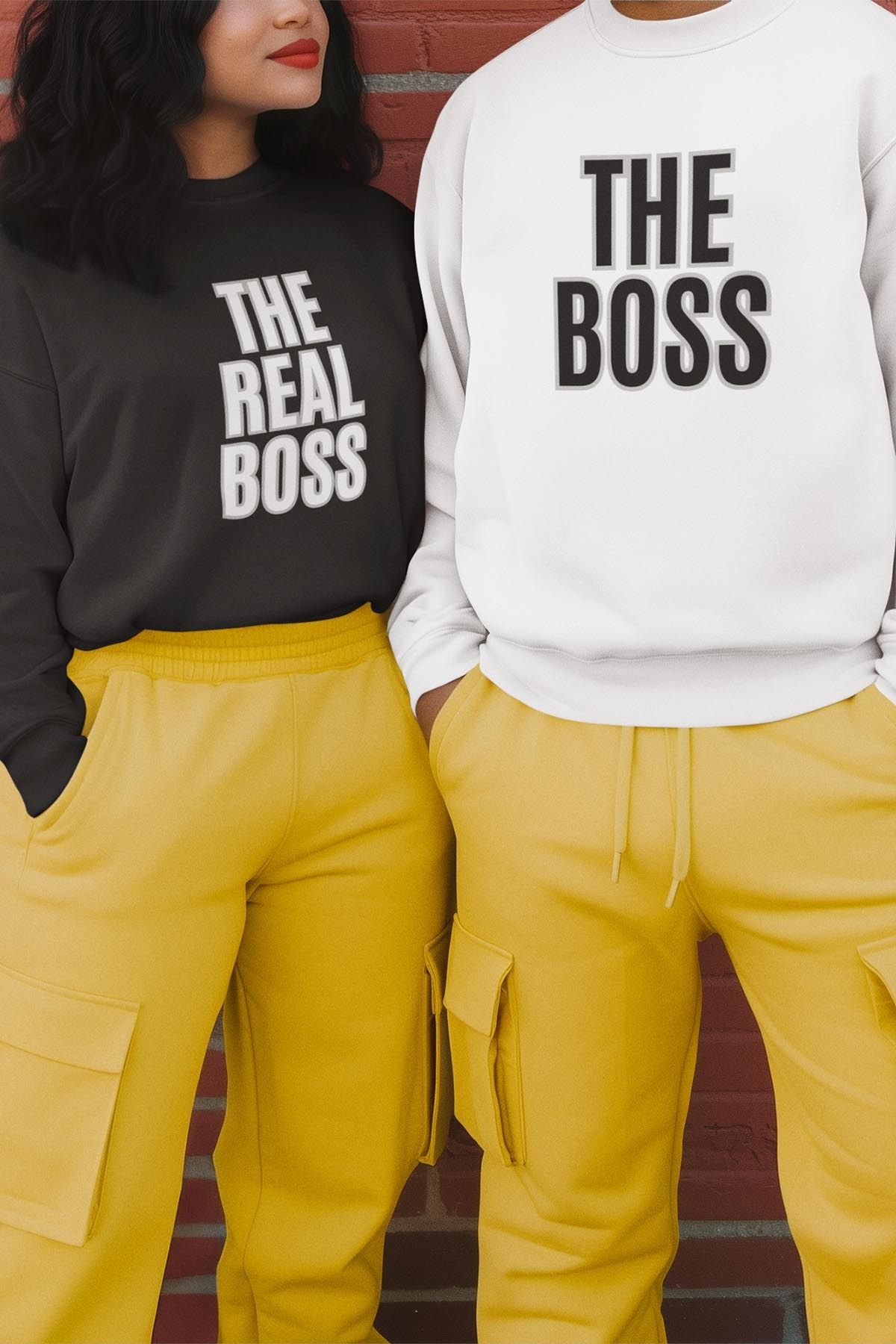 qoeuyl boutique The Boss The Real Boss Sevgili Çift Kombin Sevgililer Günü Hediye Baskılı Bisiklet Yaka Sweatshirt