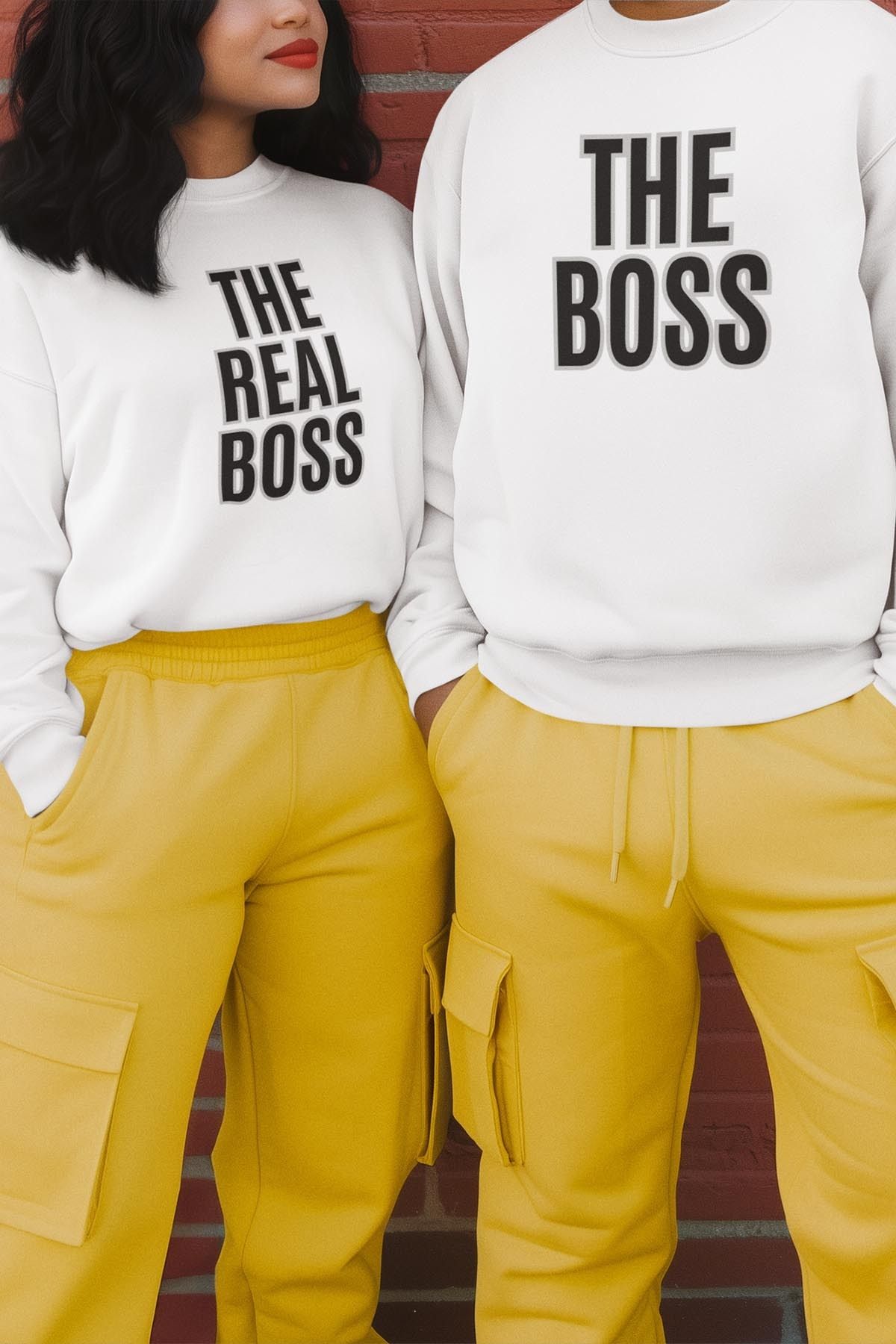 qoeuyl boutique The Boss The Real Boss Sevgili Çift Kombin Sevgililer Günü Hediye Baskılı Bisiklet Yaka Sweatshirt