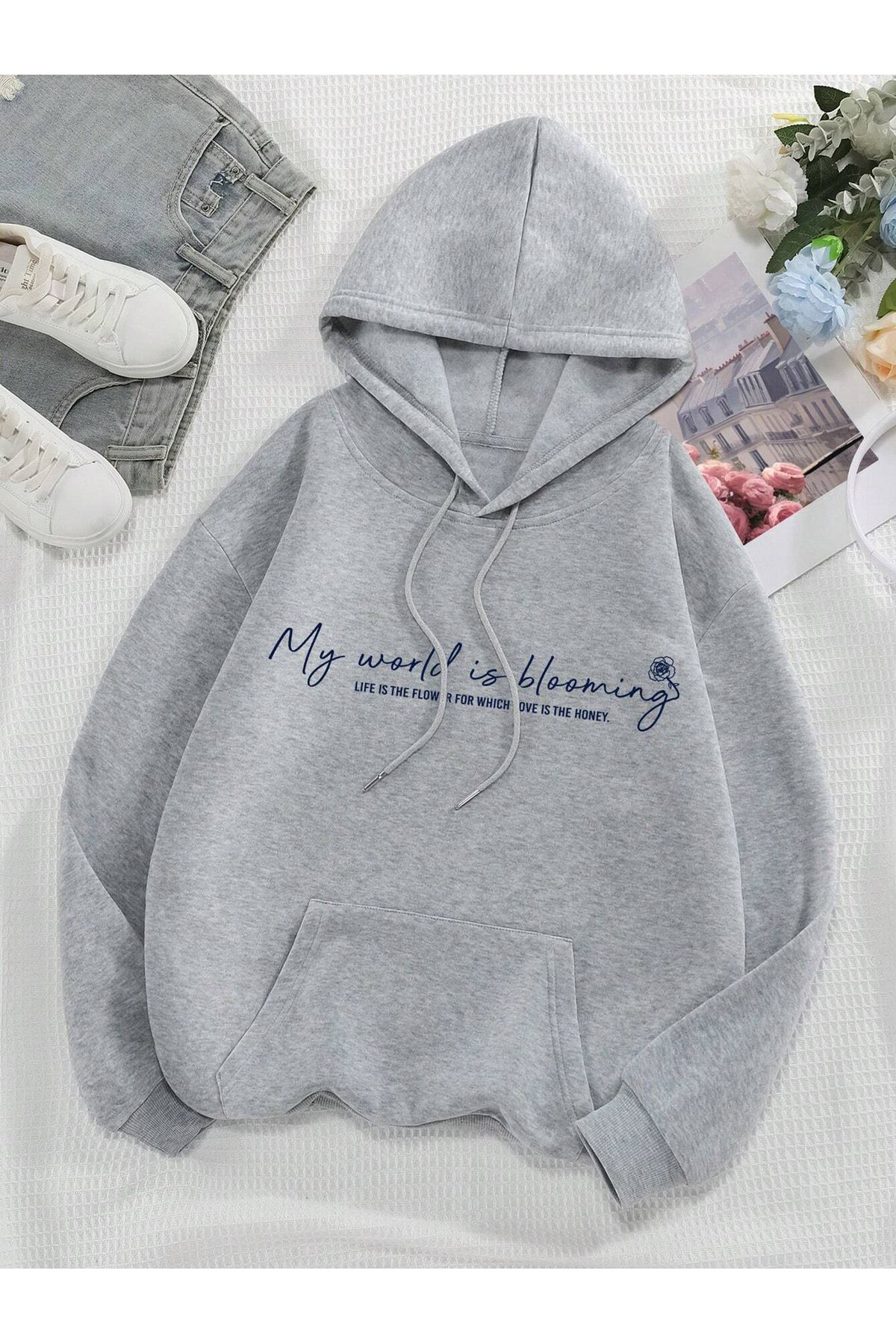 cc collection Önü Baskılı Kadın Oversize Kapüşonlu Sweatshirt