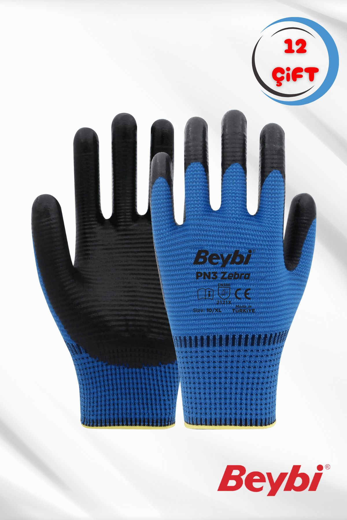 Beybi PN3 Zebra Nitril Kaplı Polyester Eldiven Mavi (12 çift )