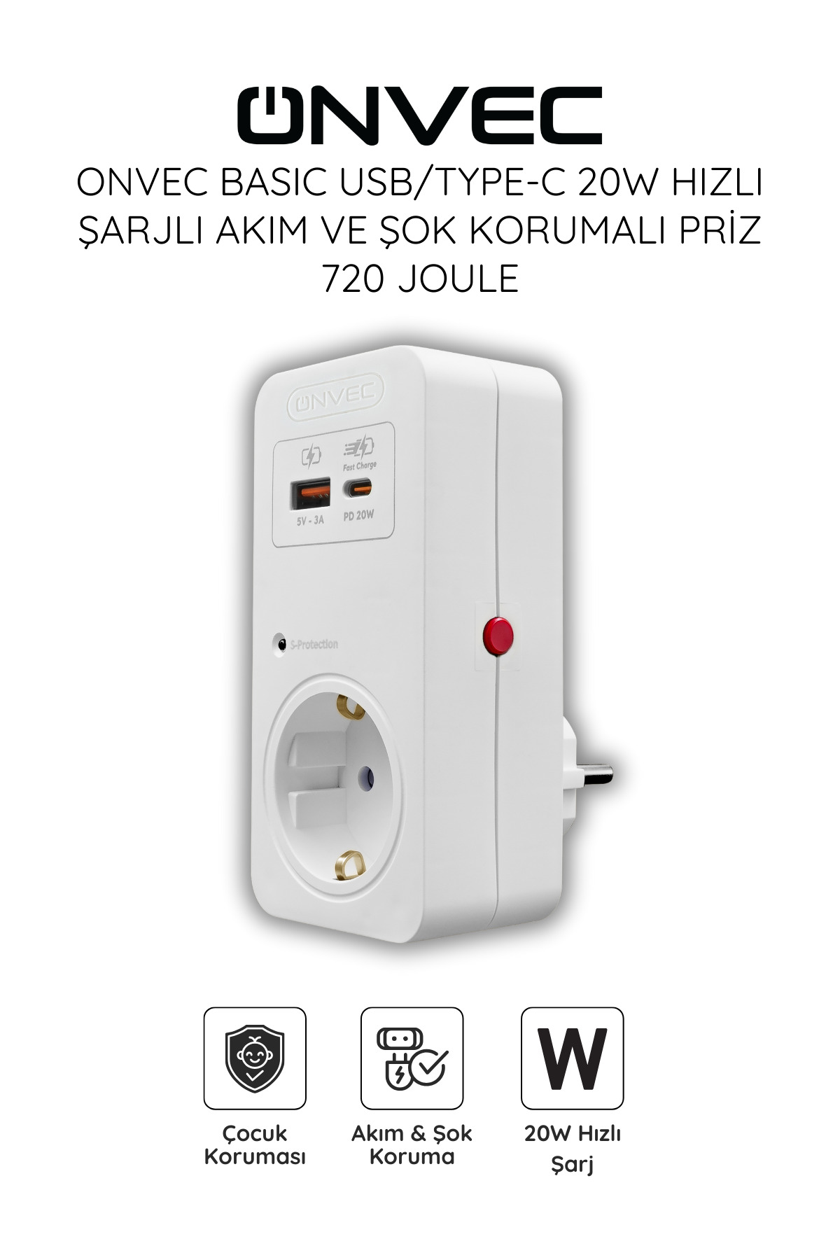 ONVEC Basic Usb/type-c 20w Hızlı Şarjlı Akım Ve Şok Korumalı Priz 720 ...