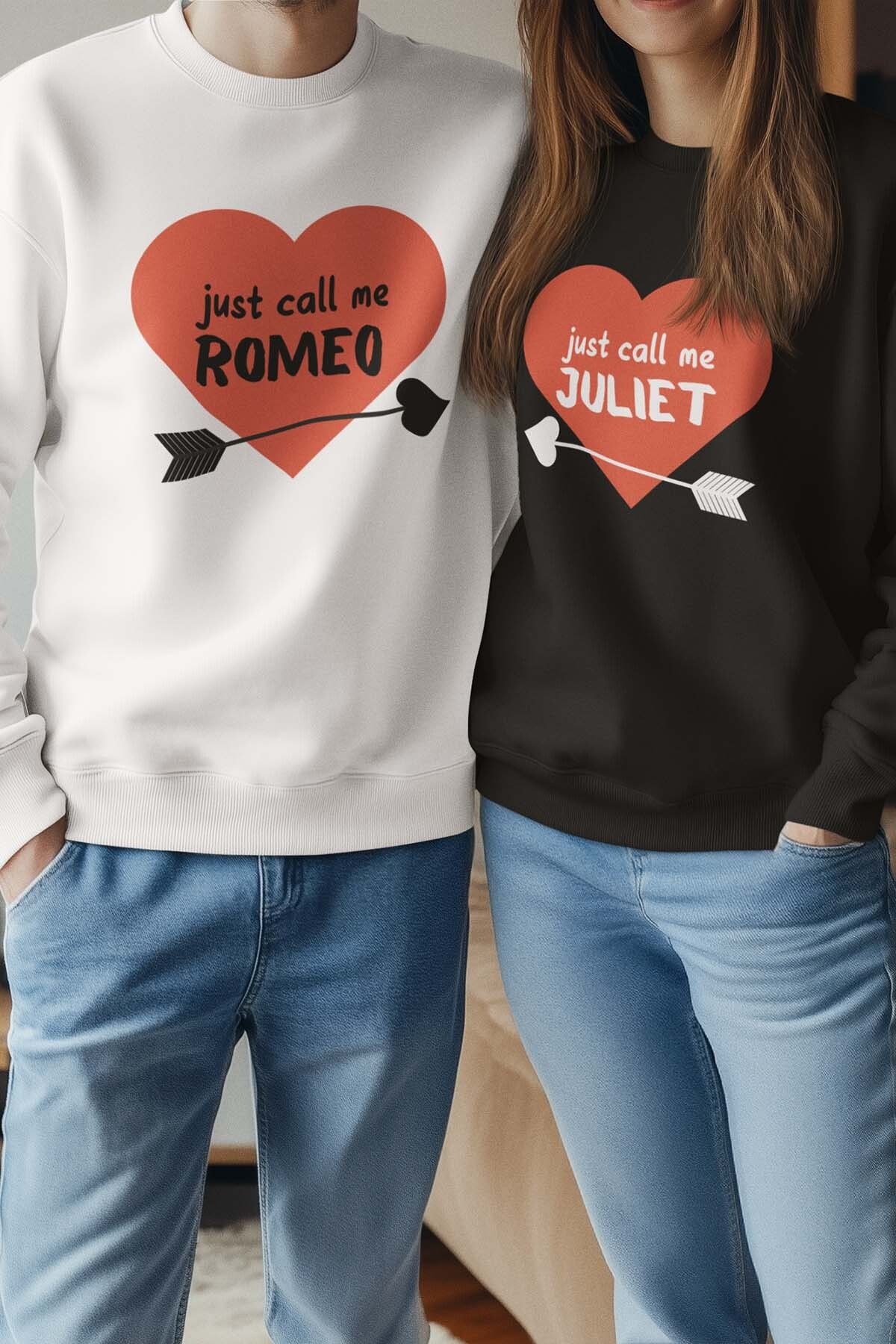 qoeuyl boutique Just Call Me Romeo Juliet Sevgili Çift Kombin Sevgililer Gün Hediye Baskılı Bisiklet Yaka Sweatshirt