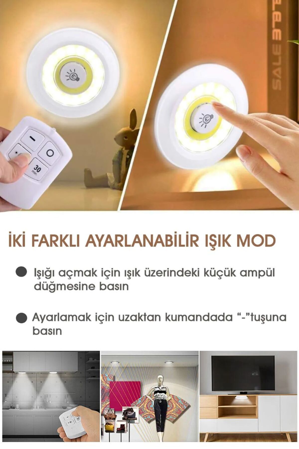 GIFTPALACE 3'lü Kablosuz Uzaktan Kumandalı Yapışkanlı Led Işık Spot Lamba Dolap Altı Işığı Kısılabilir