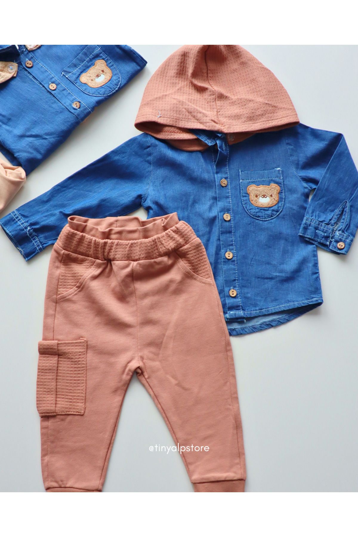 Necix's-Comfortable and Soft Fabric Design Patterned Cap Baby Boy 2-Piece Set with Denim Shirt 1