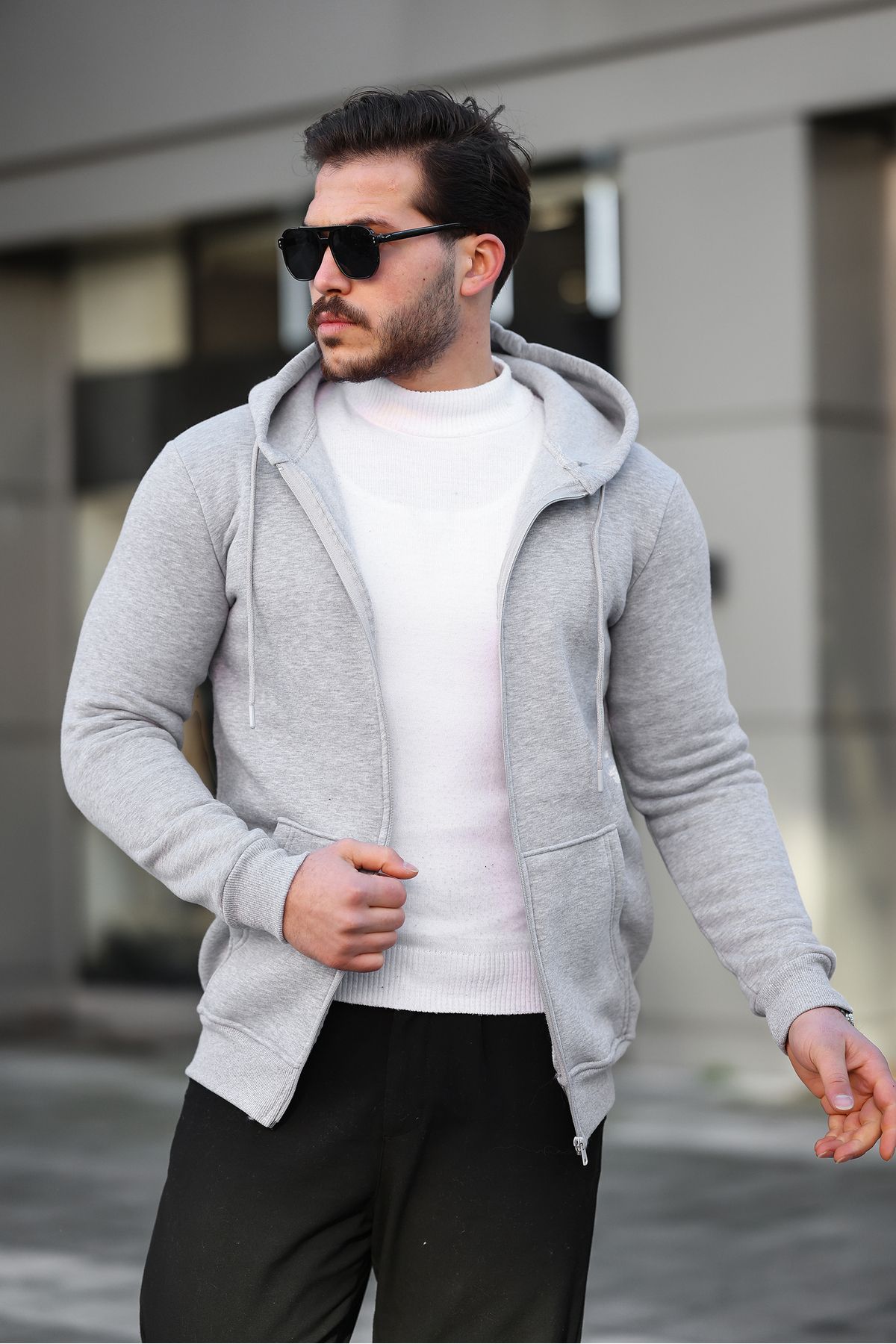 ixir 3 İplik Fermuarlı Pamuklu Sweatshirt Gri