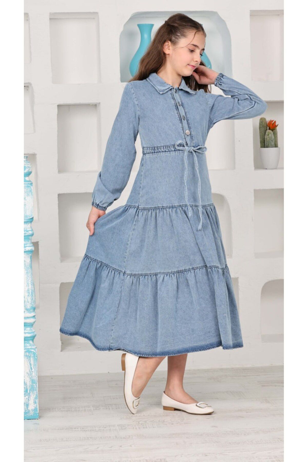 DUBAİ ÇOCUK-Girl's Length Button Detailed Denim Dress 3