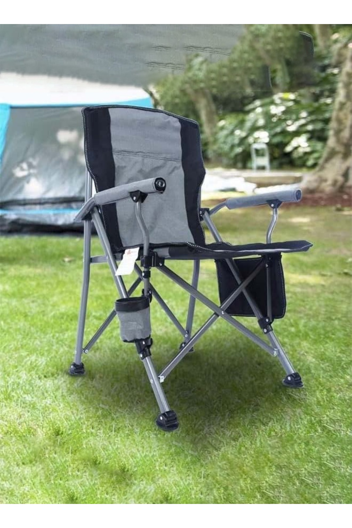 كرسي تخييم قابل للطي مع جيب تخزين جانبي وحامل أكواب ومسند ذراع مبطن