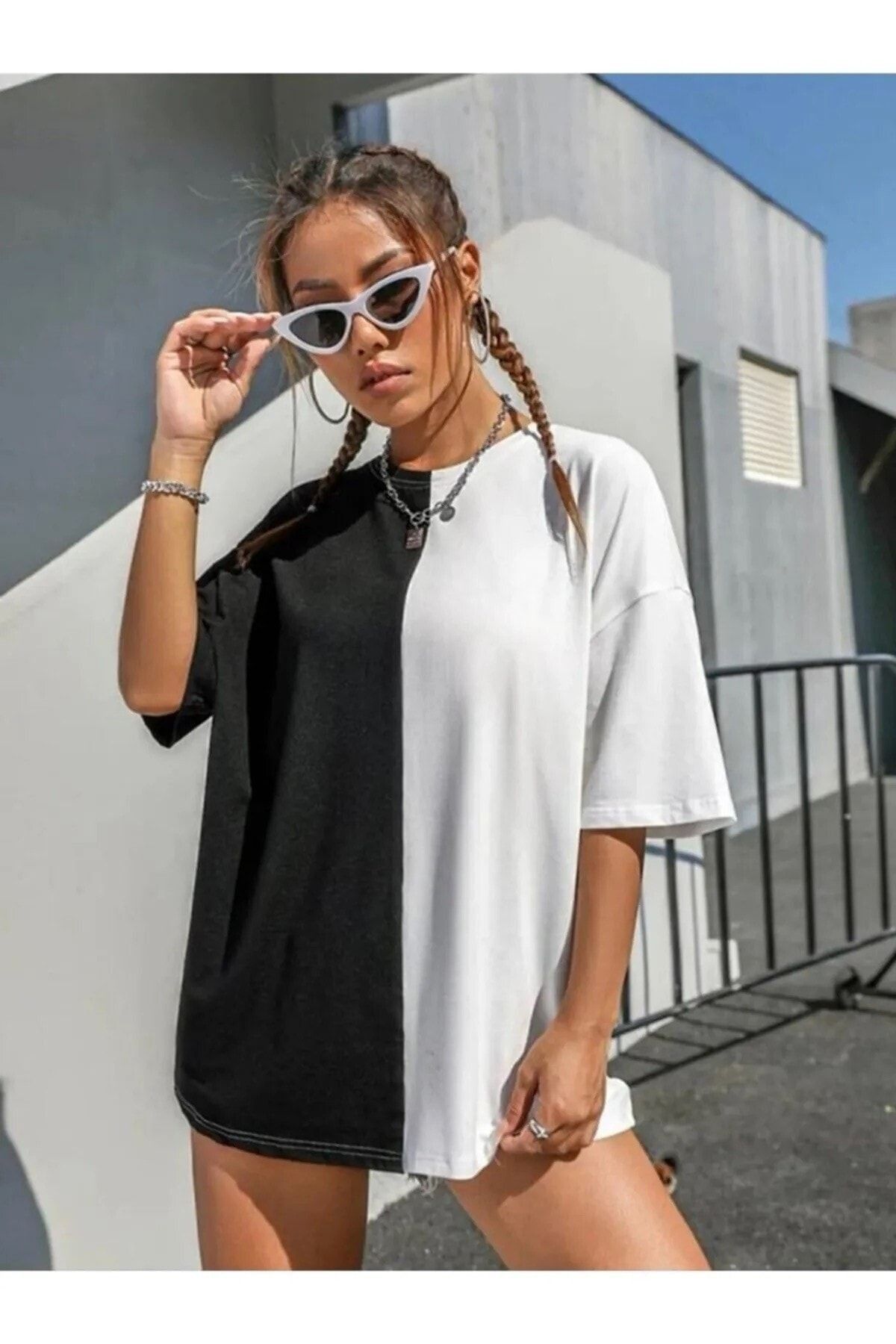 Charme Elegant Büyük Beden Siyah Beyaz Kanat Baskılı Kadın Oversize T-shirt