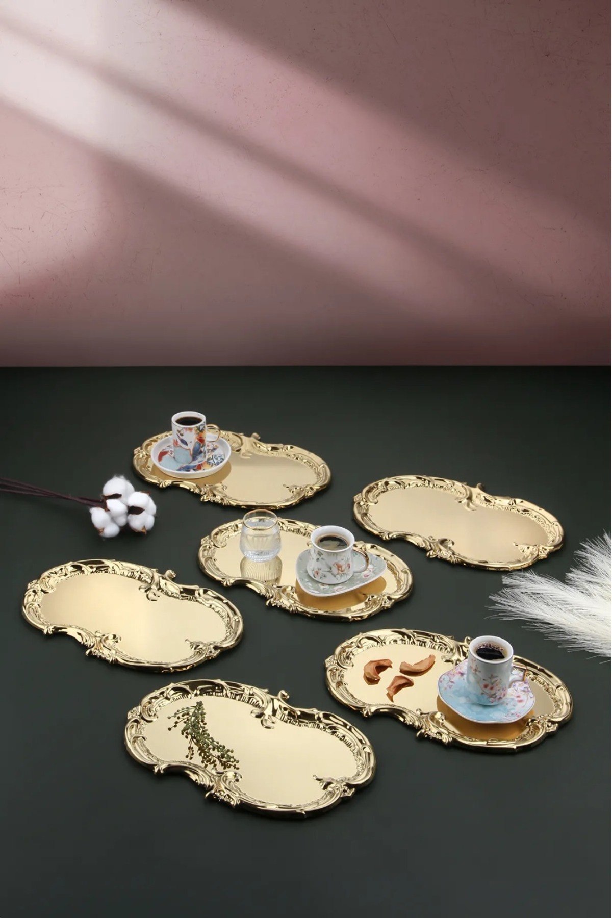 VENON-4Pcs Artnova Gold Presentation Tray Coffee Tea Metal Tray Decorative Presentation Serving Tray 4