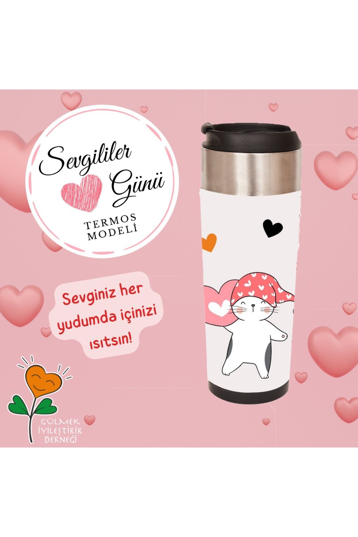 Gülmek İyileştirir Sevgililer Günü Kedi Temalı Termos